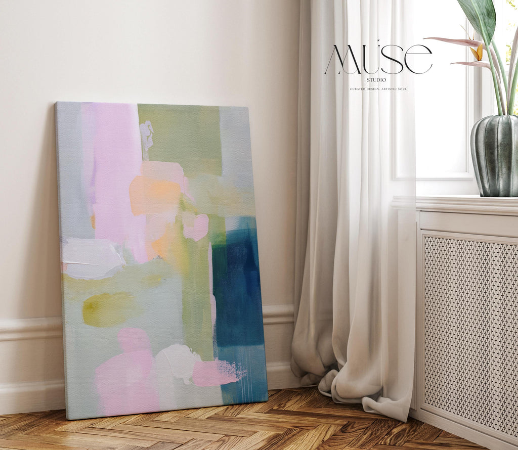 Vertical abstract canvas wall art in blush pink, sage green, and coastal blue with soft pastel brushstrokes. Styled with warm minimalism and nature-inspired design for serene interiors. Perfect for bedrooms, entryways, or living rooms. Gallery-wrapped on 1.5” wood frame for a seamless finish. Extra large canvas wall art by Muse Studio.