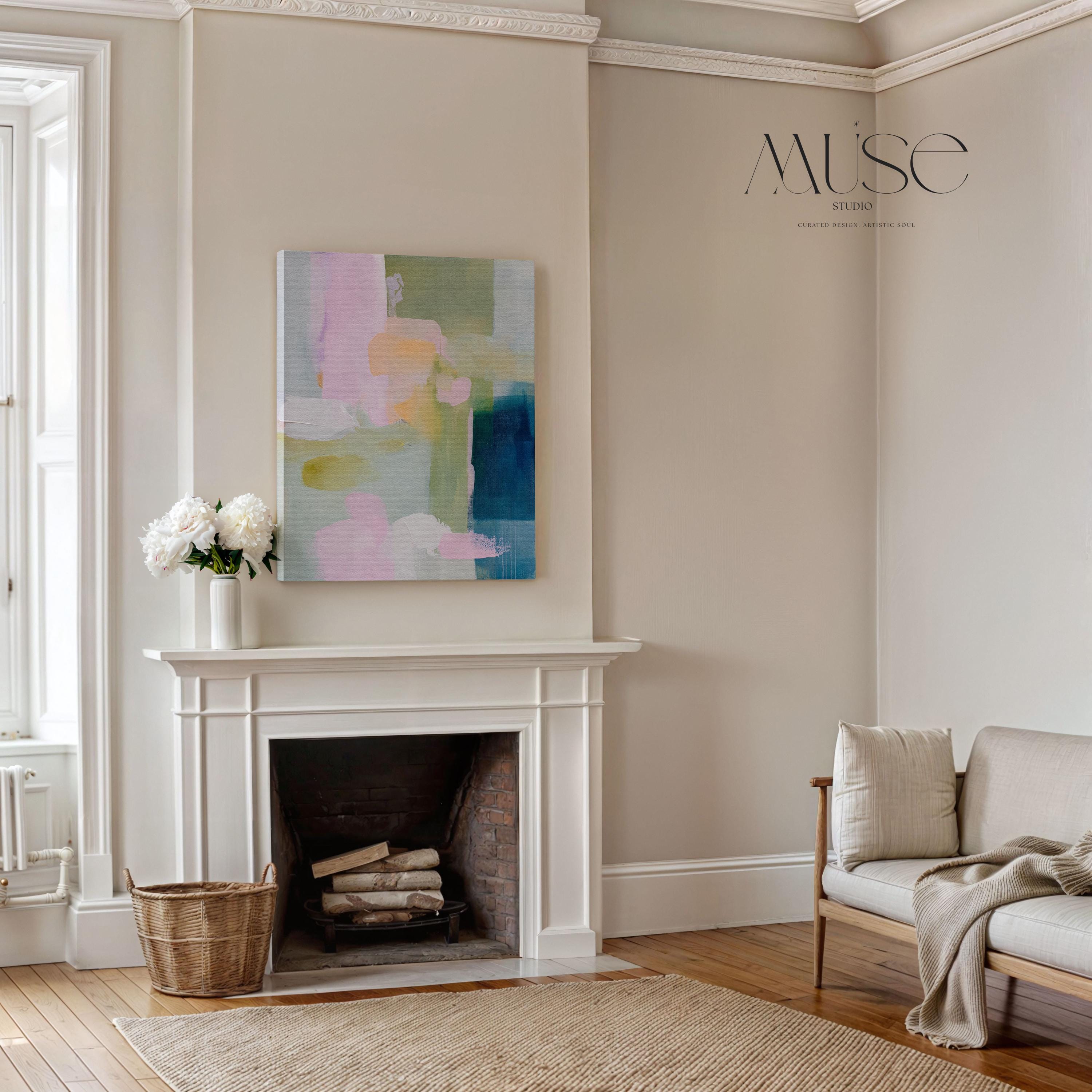 Muse Studio pastel farmhouse canvas wall art with pink, blue, sage green, aqua, peach, white, and deep teal abstract color blocks. Vertical canvas artwork with soft modern cottage style, museum-grade giclée inks, and premium gallery-wrapped cotton canvas, styled for bedroom, living room, office, dining room, or cottage farmhouse decor.