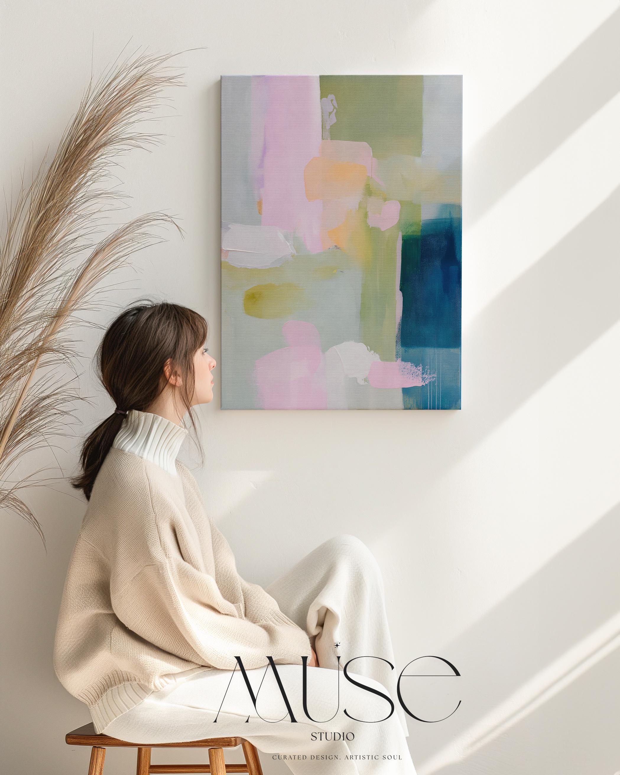 Muse Studio pastel farmhouse canvas wall art with pink, blue, sage green, aqua, peach, white, and deep teal abstract color blocks. Vertical canvas artwork with soft modern cottage style, museum-grade giclée inks, and premium gallery-wrapped cotton canvas, styled for bedroom, living room, office, dining room, or cottage farmhouse decor.