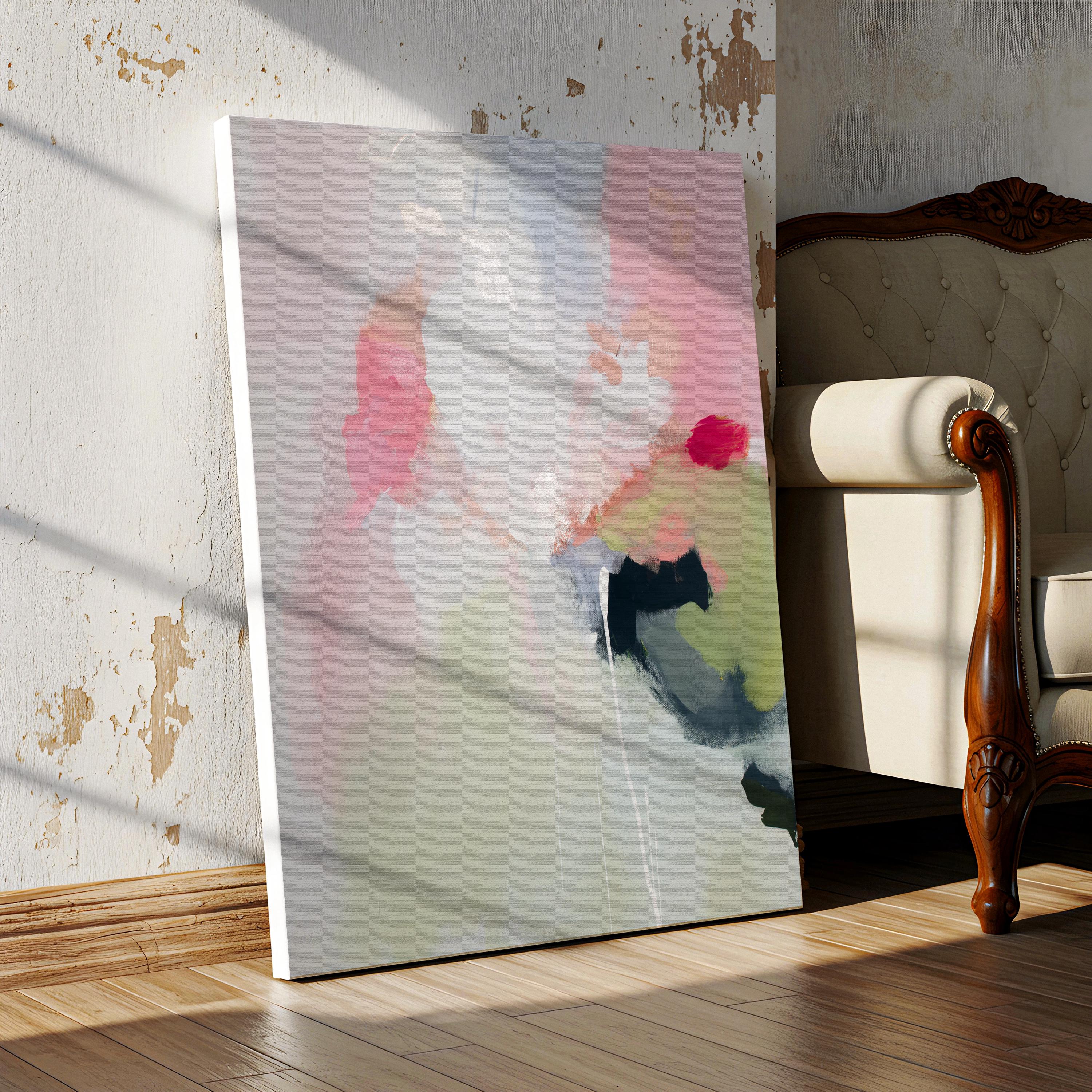 Vertical abstract canvas wall art in blush pink, sage green, and soft ivory with coral and dark undertones. Styled in muted minimal and soft contemporary design for calming interiors. Ideal for bedrooms, living rooms, or entryways. Gallery-wrapped on wood frame for a seamless finish. Extra large canvas wall art by Muse Studio.