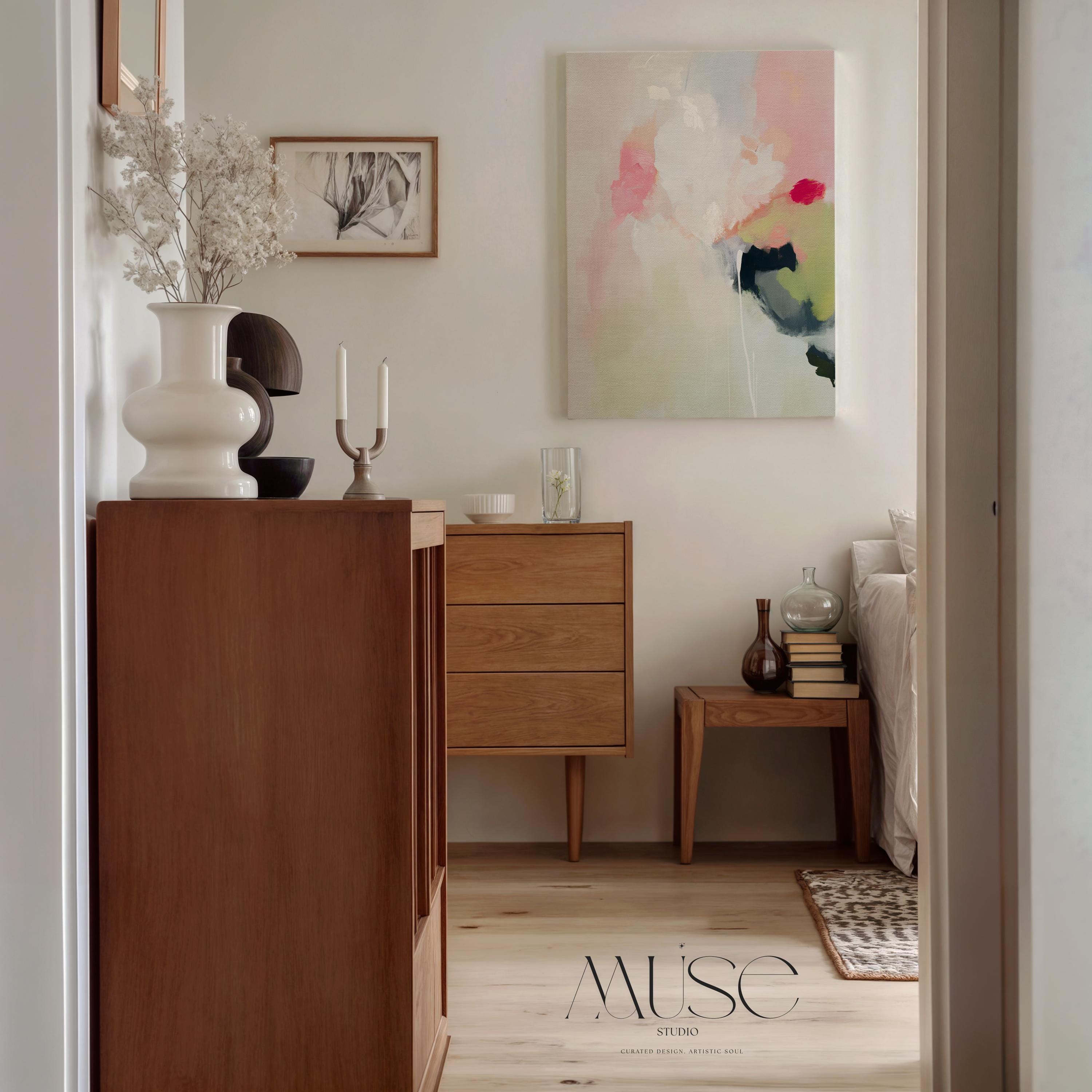 Vertical abstract canvas wall art in blush pink, sage green, and soft ivory with coral and dark undertones. Styled in muted minimal and soft contemporary design for calming interiors. Ideal for bedrooms, living rooms, or entryways. Gallery-wrapped on wood frame for a seamless finish. Extra large canvas wall art by Muse Studio.