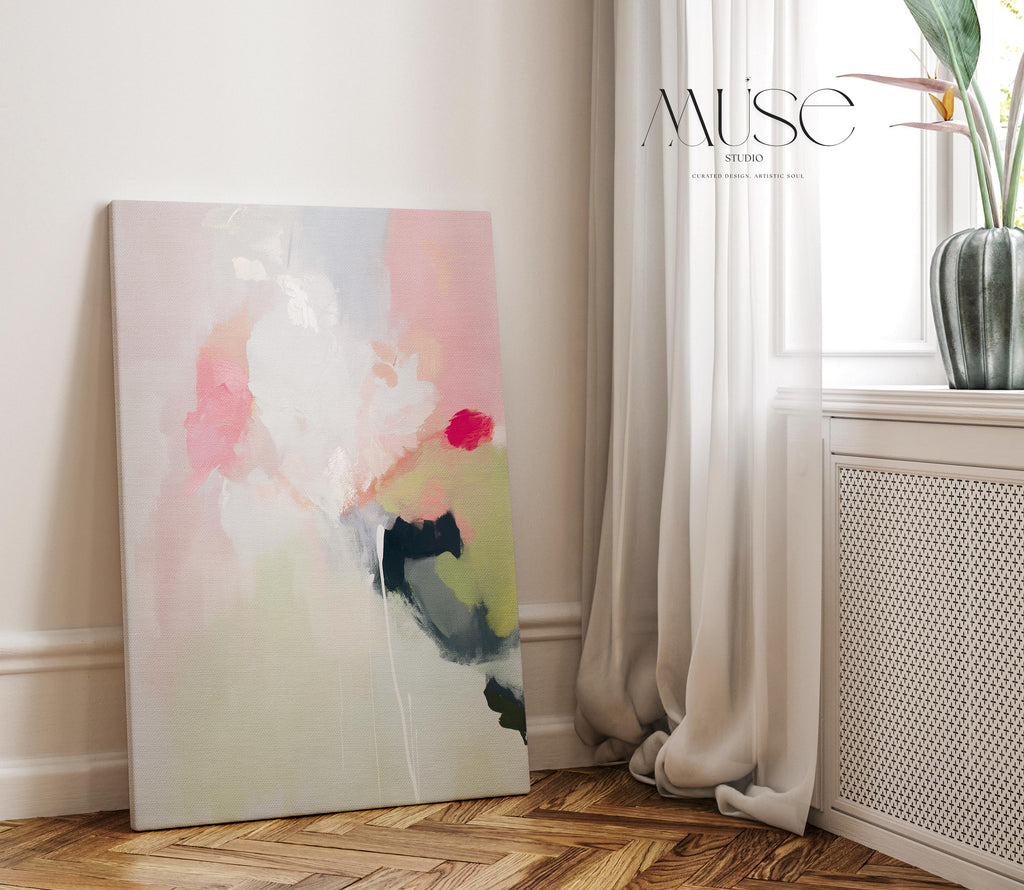 Vertical abstract canvas wall art in blush pink, sage green, and soft ivory with coral and dark undertones. Styled in muted minimal and soft contemporary design for calming interiors. Ideal for bedrooms, living rooms, or entryways. Gallery-wrapped on wood frame for a seamless finish. Extra large canvas wall art by Muse Studio.