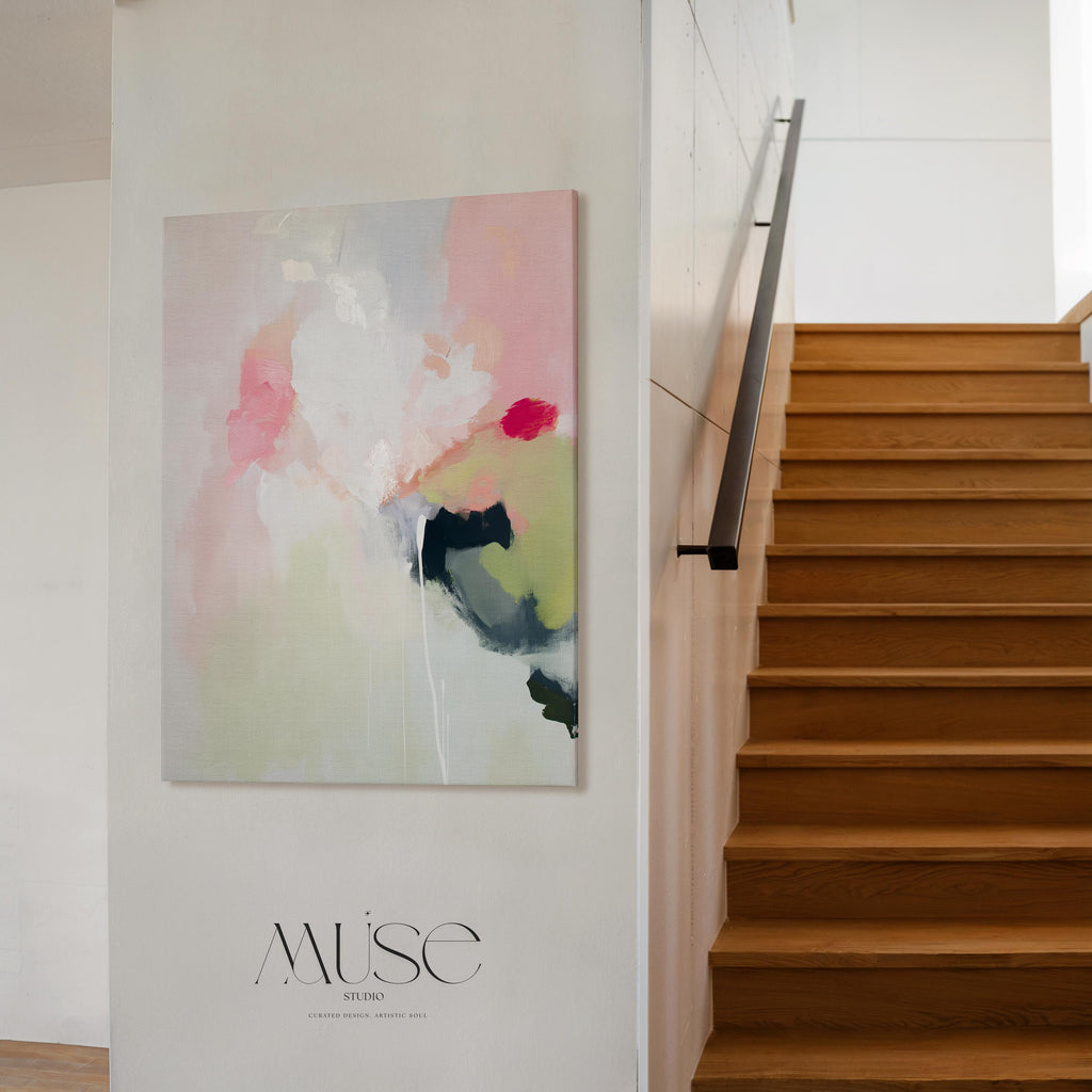 Vertical abstract canvas wall art in blush pink, sage green, and soft ivory with coral and dark undertones. Styled in muted minimal and soft contemporary design for calming interiors. Ideal for bedrooms, living rooms, or entryways. Gallery-wrapped on wood frame for a seamless finish. Extra large canvas wall art by Muse Studio.