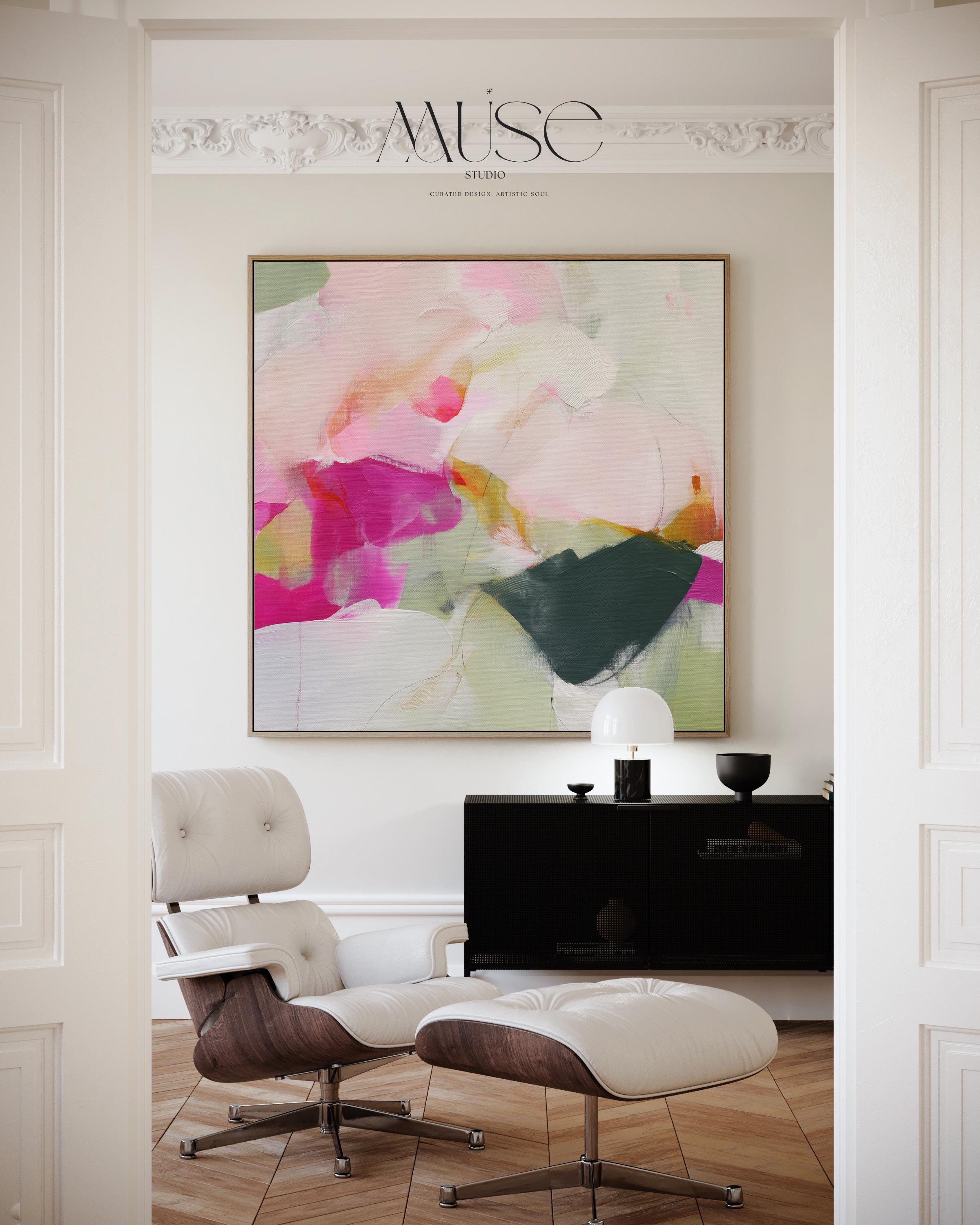 Square framed abstract wall art in fuchsia pink, deep green, cream, and blush with bold painterly brushstrokes. Styled in a color pop and eclectic boho palette, perfect for living rooms, bedrooms, or entryways. Displayed in a floating wood frame for a polished boutique finish. Extra large framed wall art by Muse Studio.