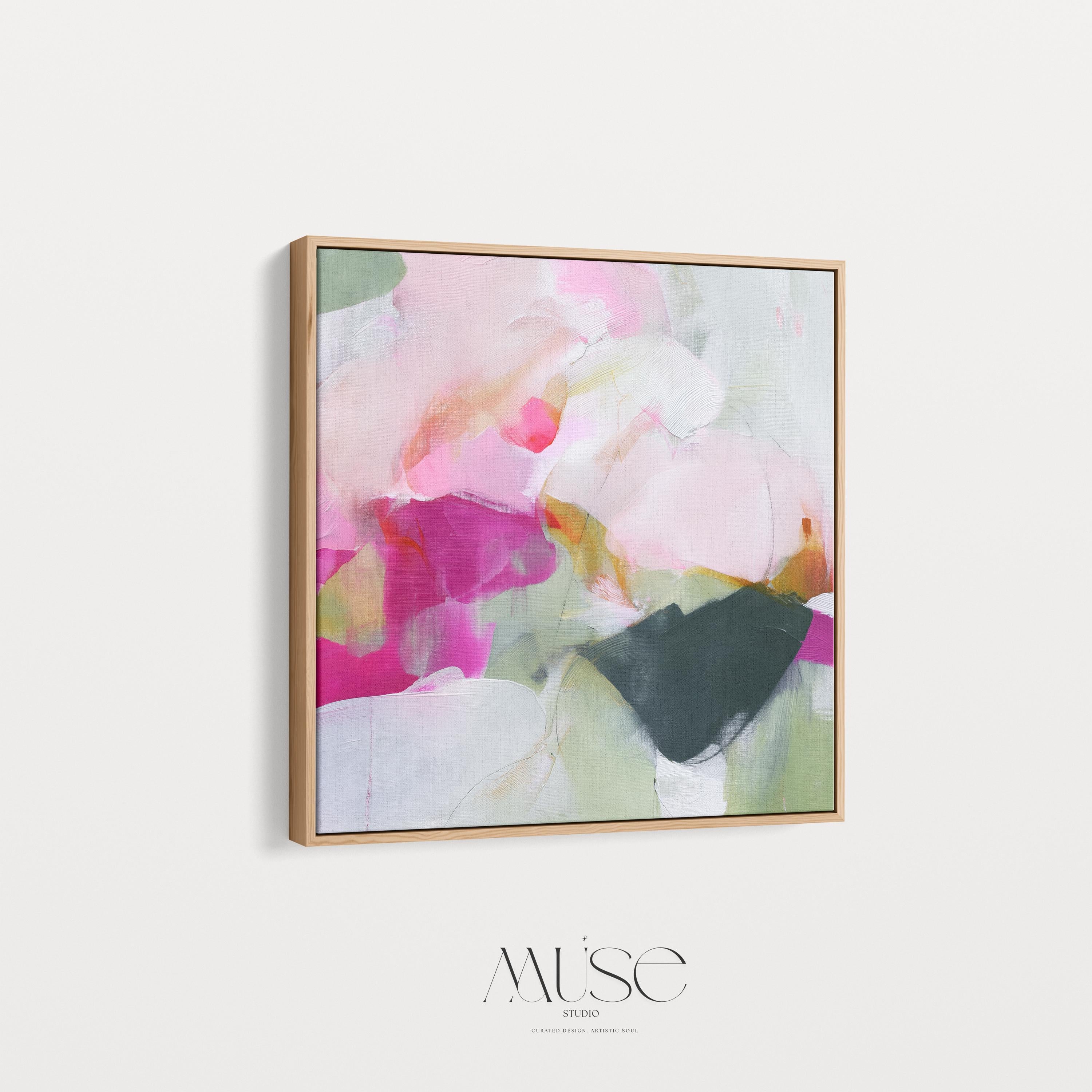 Square framed abstract wall art in fuchsia pink, deep green, cream, and blush with bold painterly brushstrokes. Styled in a color pop and eclectic boho palette, perfect for living rooms, bedrooms, or entryways. Displayed in a floating wood frame for a polished boutique finish. Extra large framed wall art by Muse Studio.