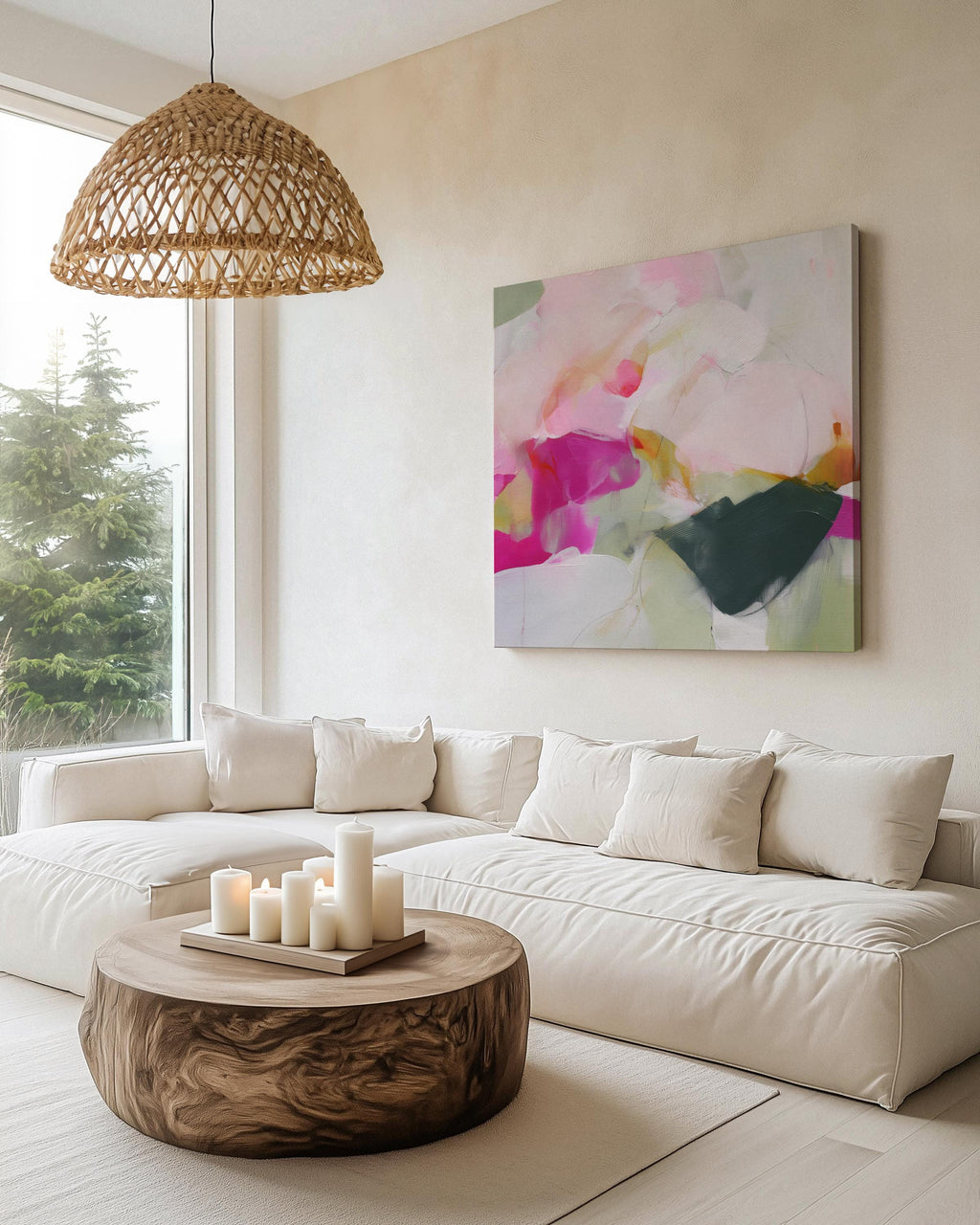 Square abstract canvas wall art in blush pink, hot pink, emerald green, sage, and peachy tones. Soft botanical-inspired design perfect for feminine or boho interiors. Ideal for bedrooms, curated living rooms, or modern apartments. Printed on gallery-wrapped canvas or framed canvas in multiple sizes for statement decor.
