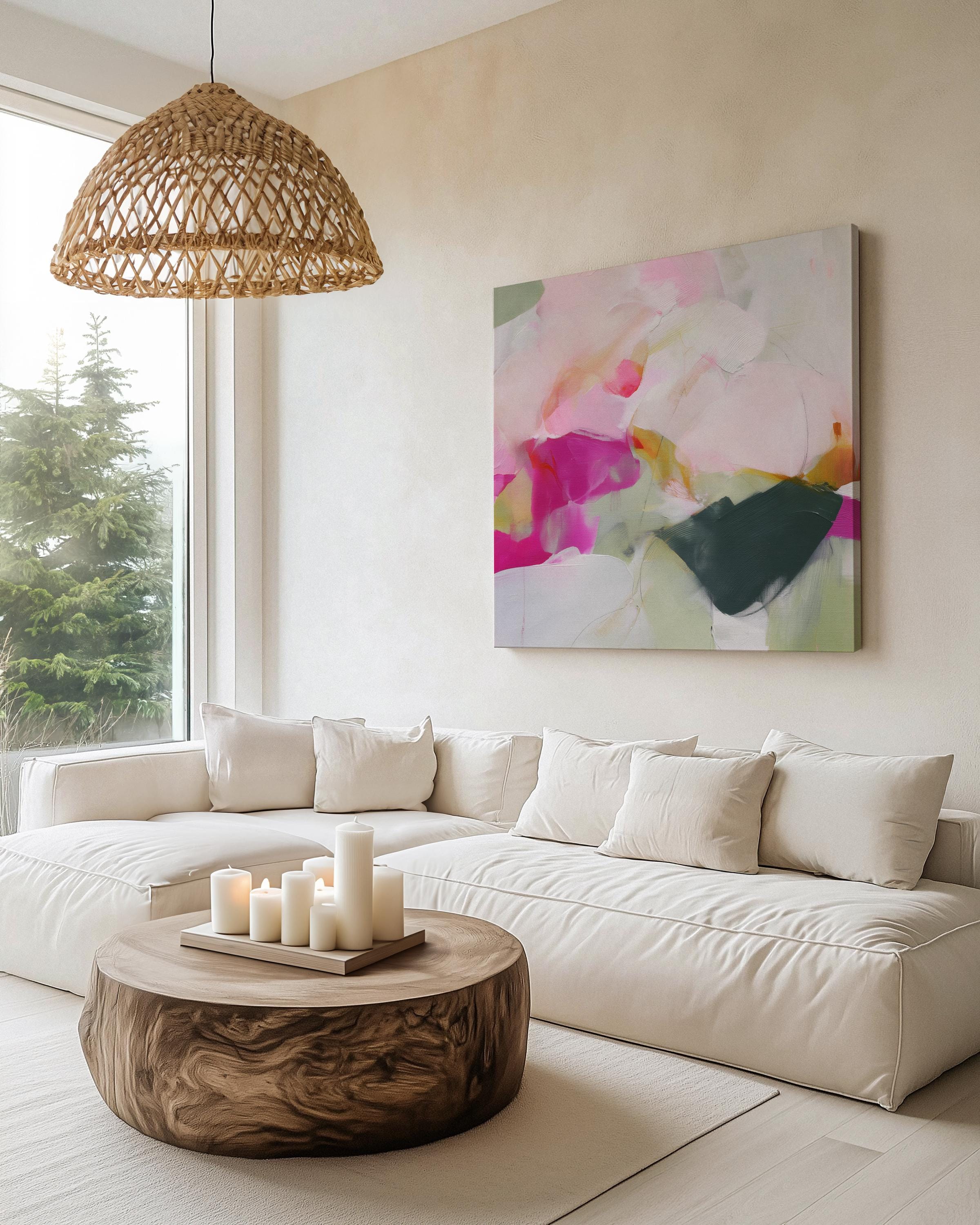Square abstract canvas wall art in blush pink, hot pink, emerald green, sage, and peachy tones. Soft botanical-inspired design perfect for feminine or boho interiors. Ideal for bedrooms, curated living rooms, or modern apartments. Printed on gallery-wrapped canvas or framed canvas in multiple sizes for statement decor.