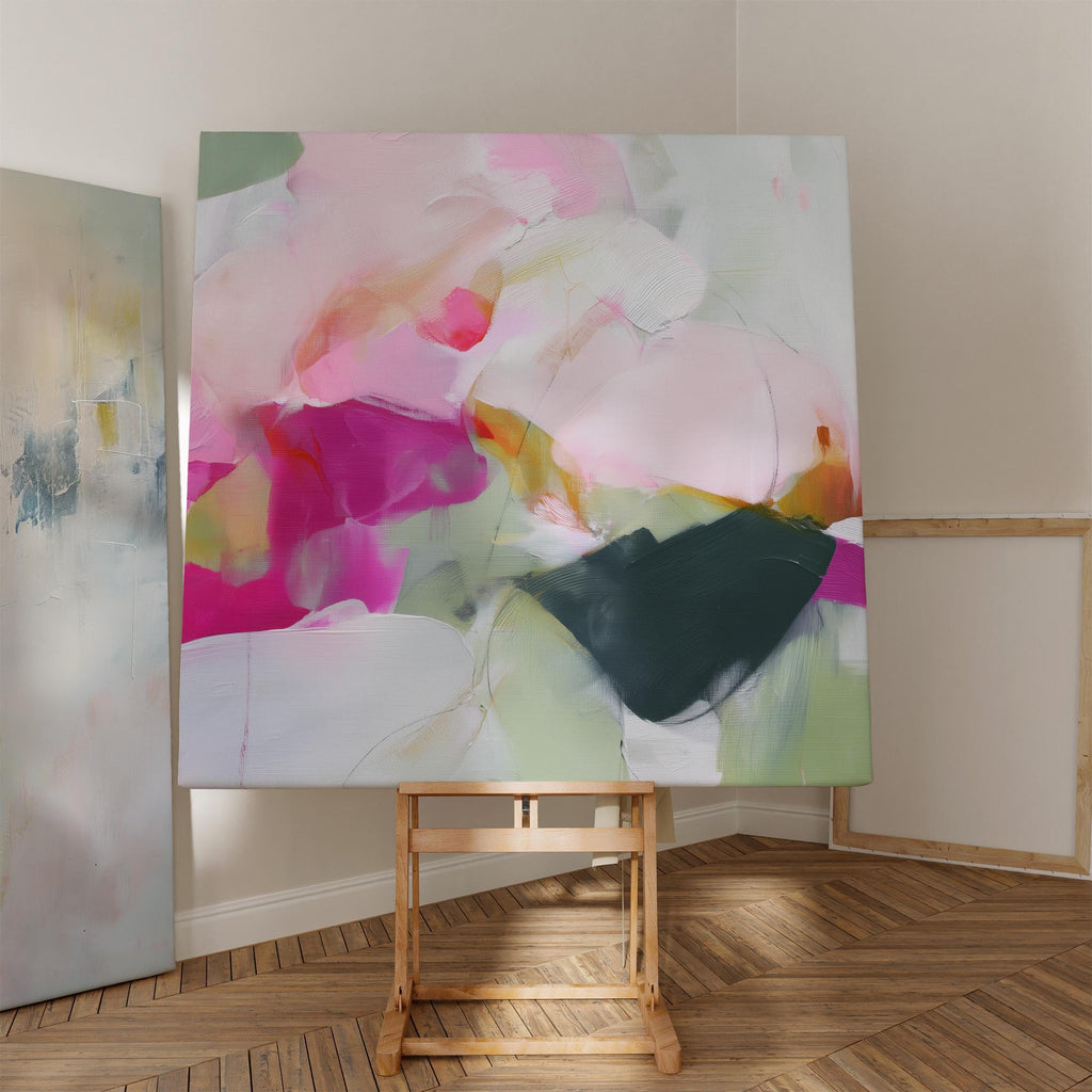 Square abstract canvas wall art in blush pink, hot pink, emerald green, sage, and peachy tones. Soft botanical-inspired design perfect for feminine or boho interiors. Ideal for bedrooms, curated living rooms, or modern apartments. Printed on gallery-wrapped canvas or framed canvas in multiple sizes for statement decor.