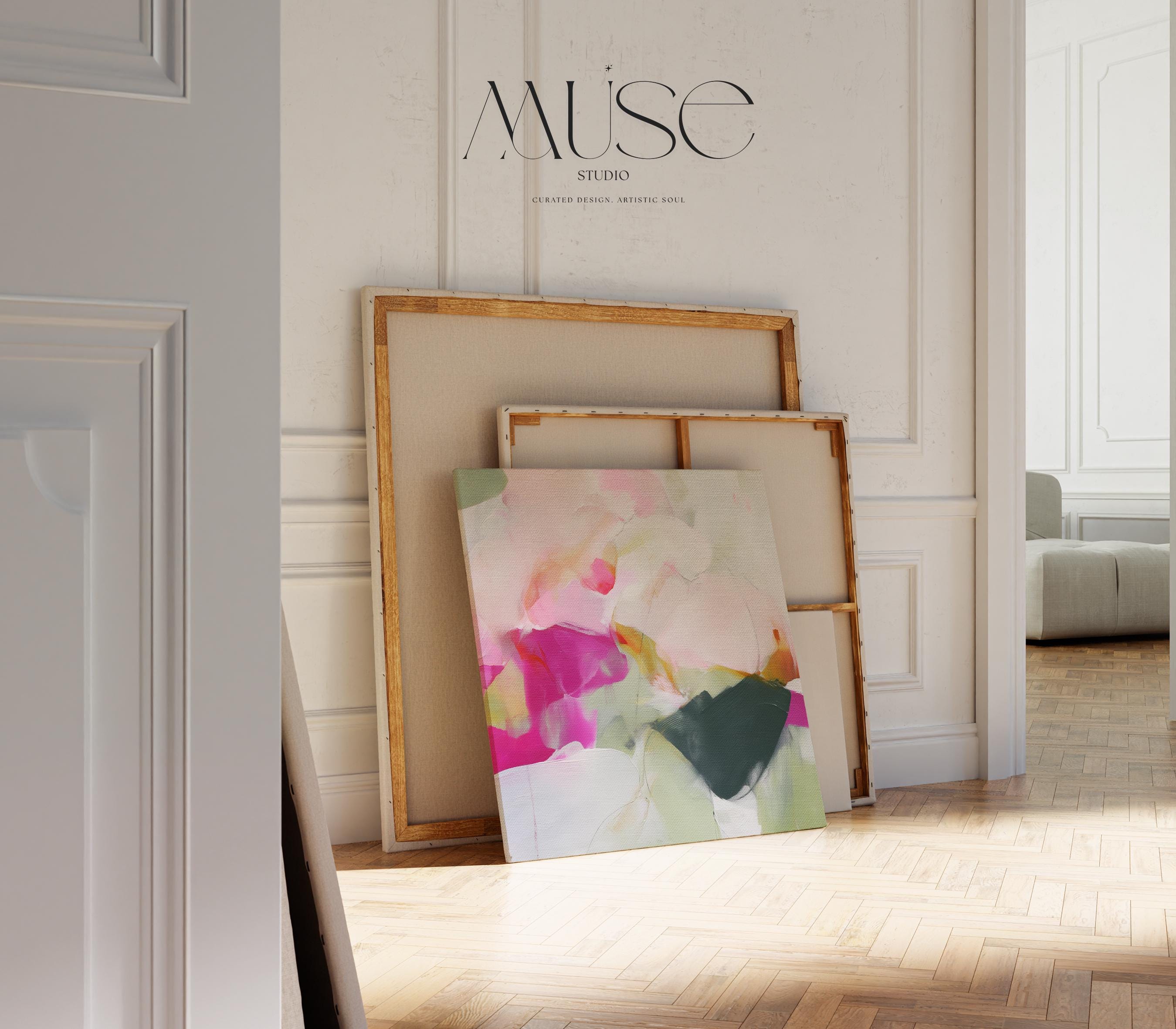 Square abstract canvas wall art in blush pink, hot pink, emerald green, sage, and peachy tones. Soft botanical-inspired design perfect for feminine or boho interiors. Ideal for bedrooms, curated living rooms, or modern apartments. Printed on gallery-wrapped canvas or framed canvas in multiple sizes for statement decor.