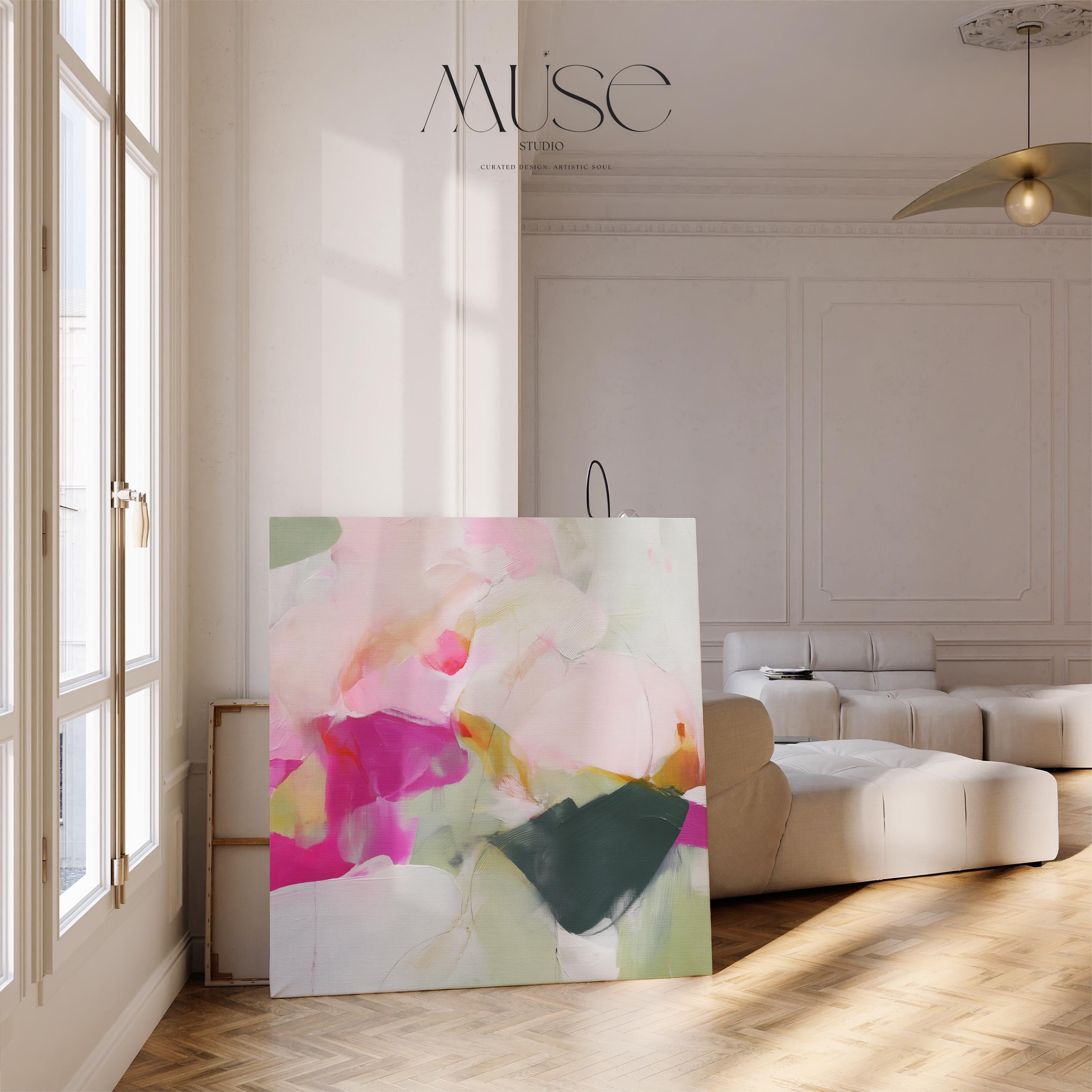 Square abstract canvas wall art in bold fuchsia pink, deep green, and cream with painterly brushstrokes. Styled in maximalist and statement art trends with eclectic boho charm. Perfect as oversized living room, bedroom, or dining wall decor. Gallery-wrapped on wood frame for a seamless modern finish. Extra large canvas wall art by Muse Studio.