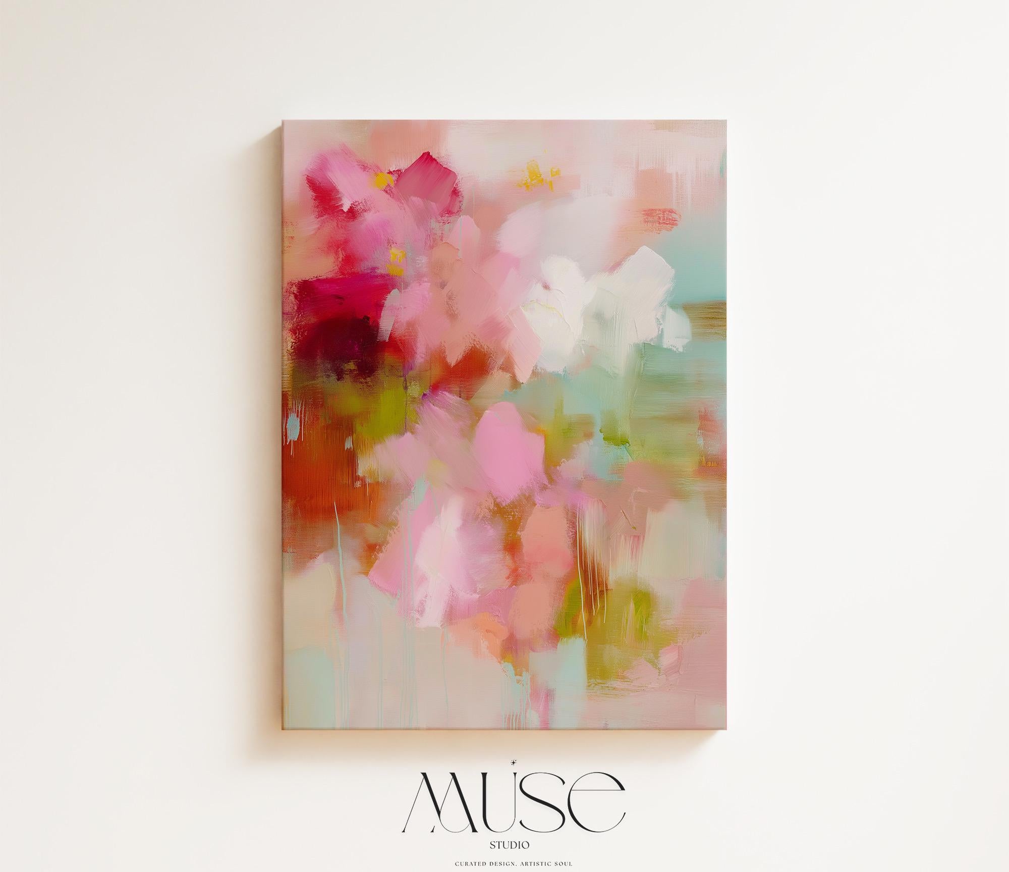 Large vertical abstract canvas wall art featuring blush pink, coral, and mint green tones in a pastel botanical style. Designed as a giclée print, this artwork evokes spring freshness and painterly movement, perfect for bedrooms, living rooms, or entryways. Its oversized format creates a bright, uplifting focal point. Available as a gallery-wrapped large canvas giclée print in multiple sizes for curated, designer-inspired interiors.