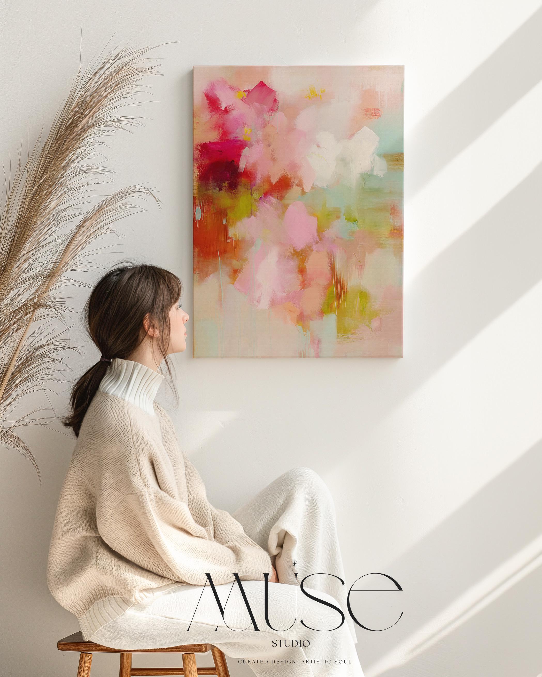 Large vertical abstract canvas wall art featuring blush pink, coral, and mint green tones in a pastel botanical style. Designed as a giclée print, this artwork evokes spring freshness and painterly movement, perfect for bedrooms, living rooms, or entryways. Its oversized format creates a bright, uplifting focal point. Available as a gallery-wrapped large canvas giclée print in multiple sizes for curated, designer-inspired interiors.