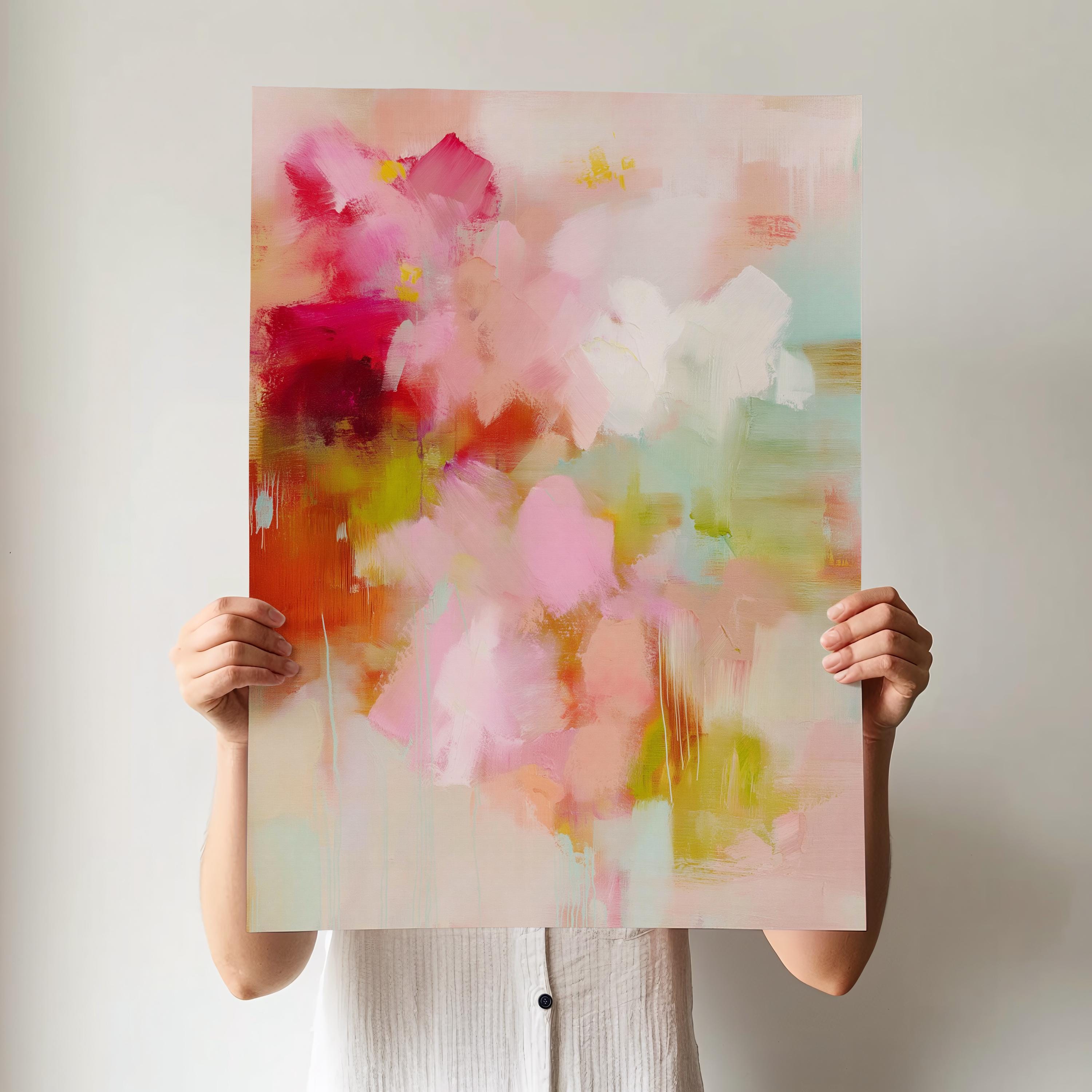Bright floral-inspired vertical abstract art print featuring pink, coral, red, mint, and soft orange tones. Printed on giclée cotton rag paper in large and extra-large sizes. Perfect for color pop interiors, gallery walls, and bold bedroom decor. Muse Studio.