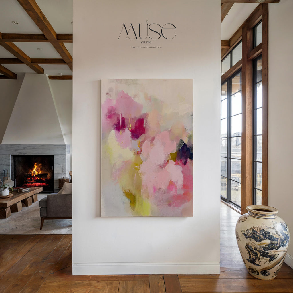 Vertical floral abstract wall art in pink, fuchsia, pale lime, and creamy white. Features soft blended brushstrokes with romantic movement and pastel tones. Giclée print or canvas option available. Perfect for coquette bedrooms, dressing areas, or soft contemporary decor. Muse Studio artwork.