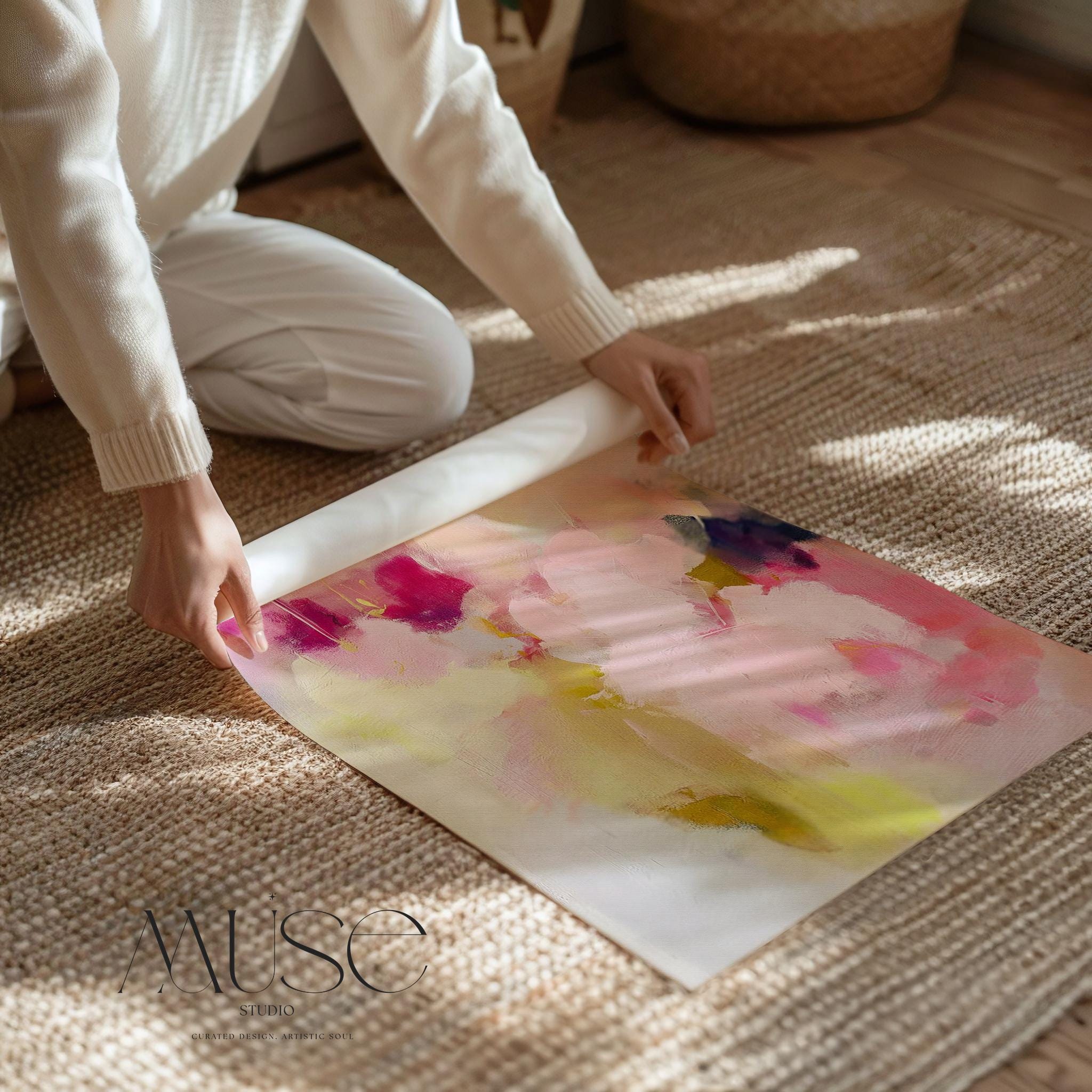 Vertical floral abstract wall art in pink, fuchsia, pale lime, and creamy white. Features soft blended brushstrokes with romantic movement and pastel tones. Giclée print or canvas option available. Perfect for coquette bedrooms, dressing areas, or soft contemporary decor. Muse Studio artwork.