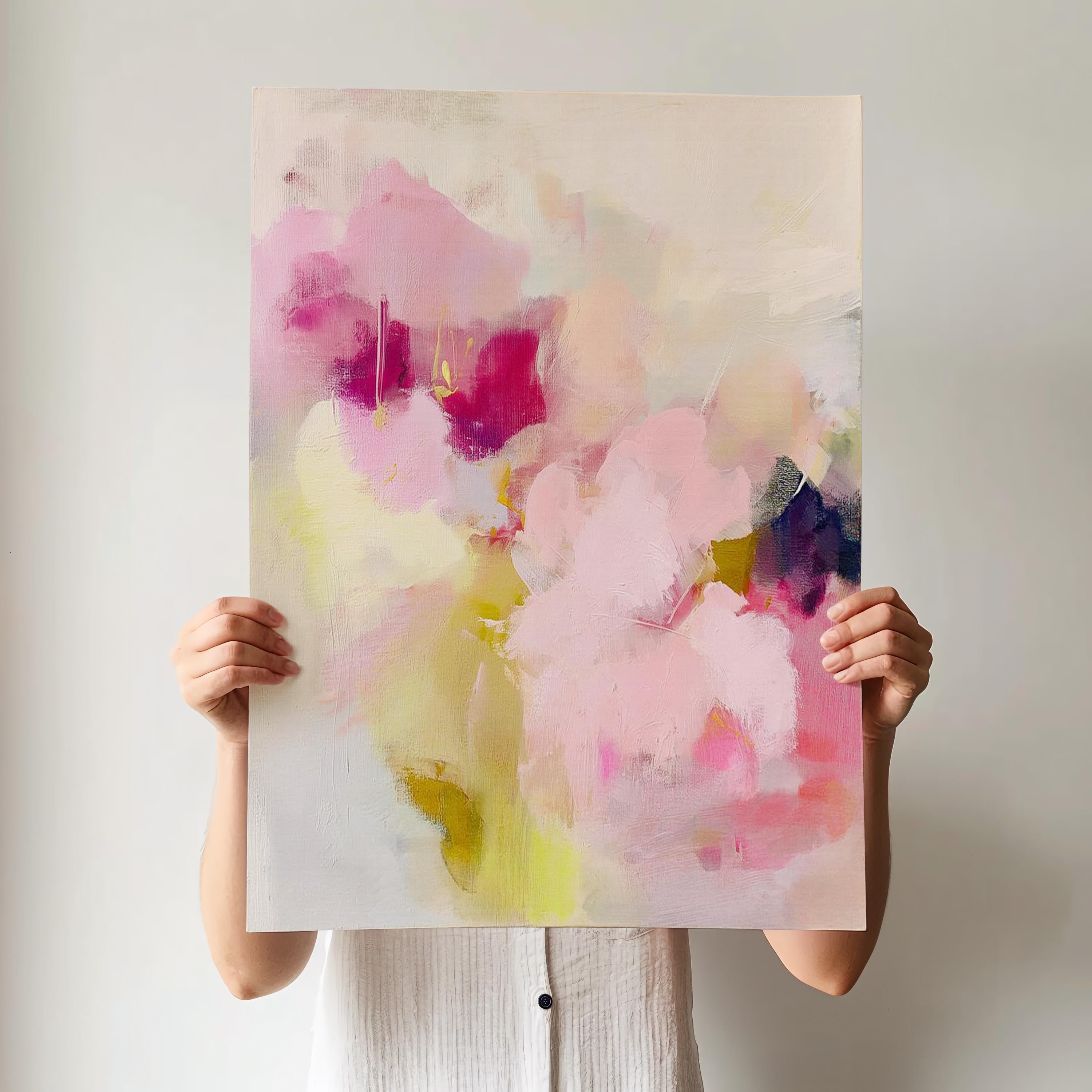Vertical floral abstract wall art in pink, fuchsia, pale lime, and creamy white. Features soft blended brushstrokes with romantic movement and pastel tones. Giclée print or canvas option available. Perfect for coquette bedrooms, dressing areas, or soft contemporary decor. Muse Studio artwork.