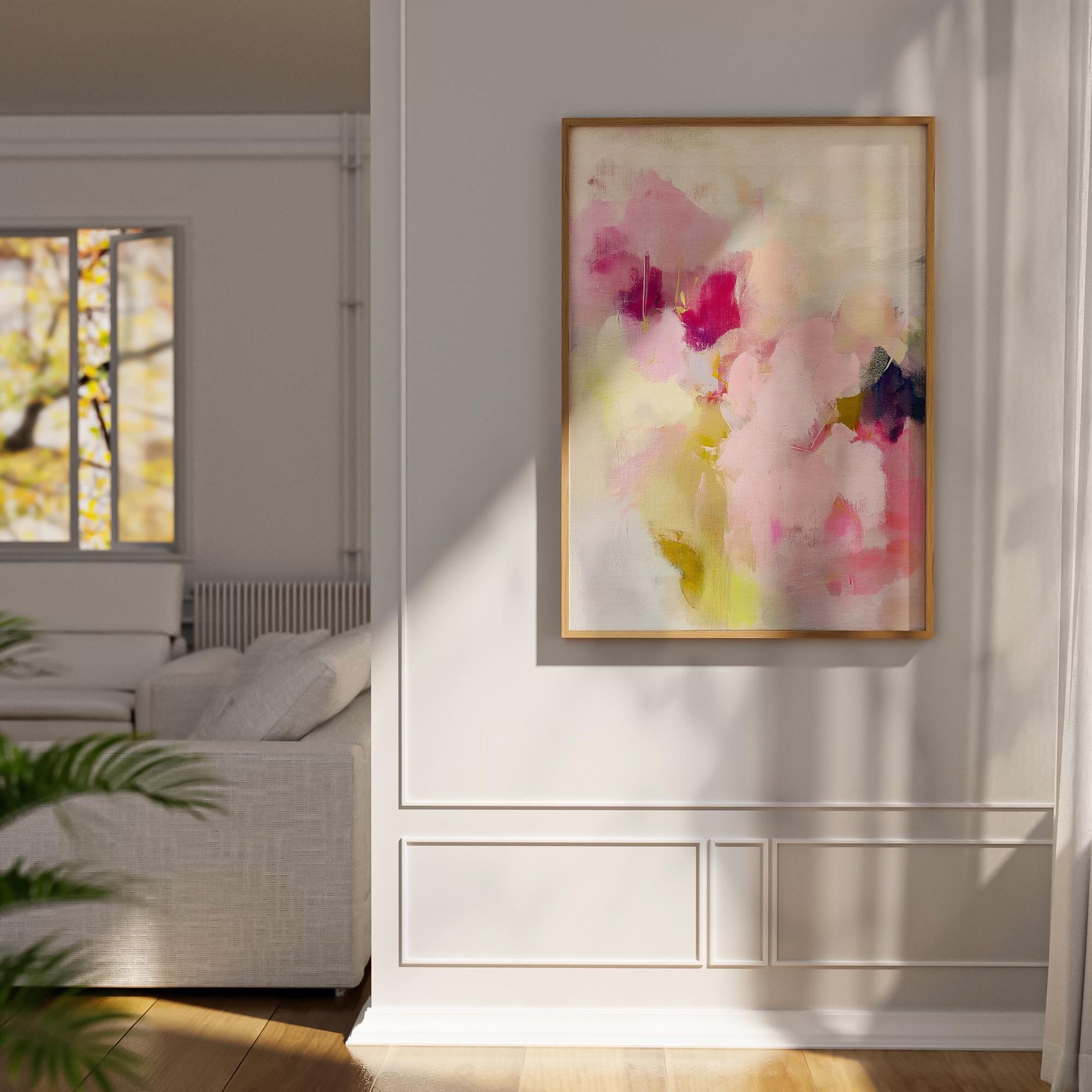 Vertical floral abstract wall art in pink, fuchsia, pale lime, and creamy white. Features soft blended brushstrokes with romantic movement and pastel tones. Giclée print or canvas option available. Perfect for coquette bedrooms, dressing areas, or soft contemporary decor. Muse Studio artwork.