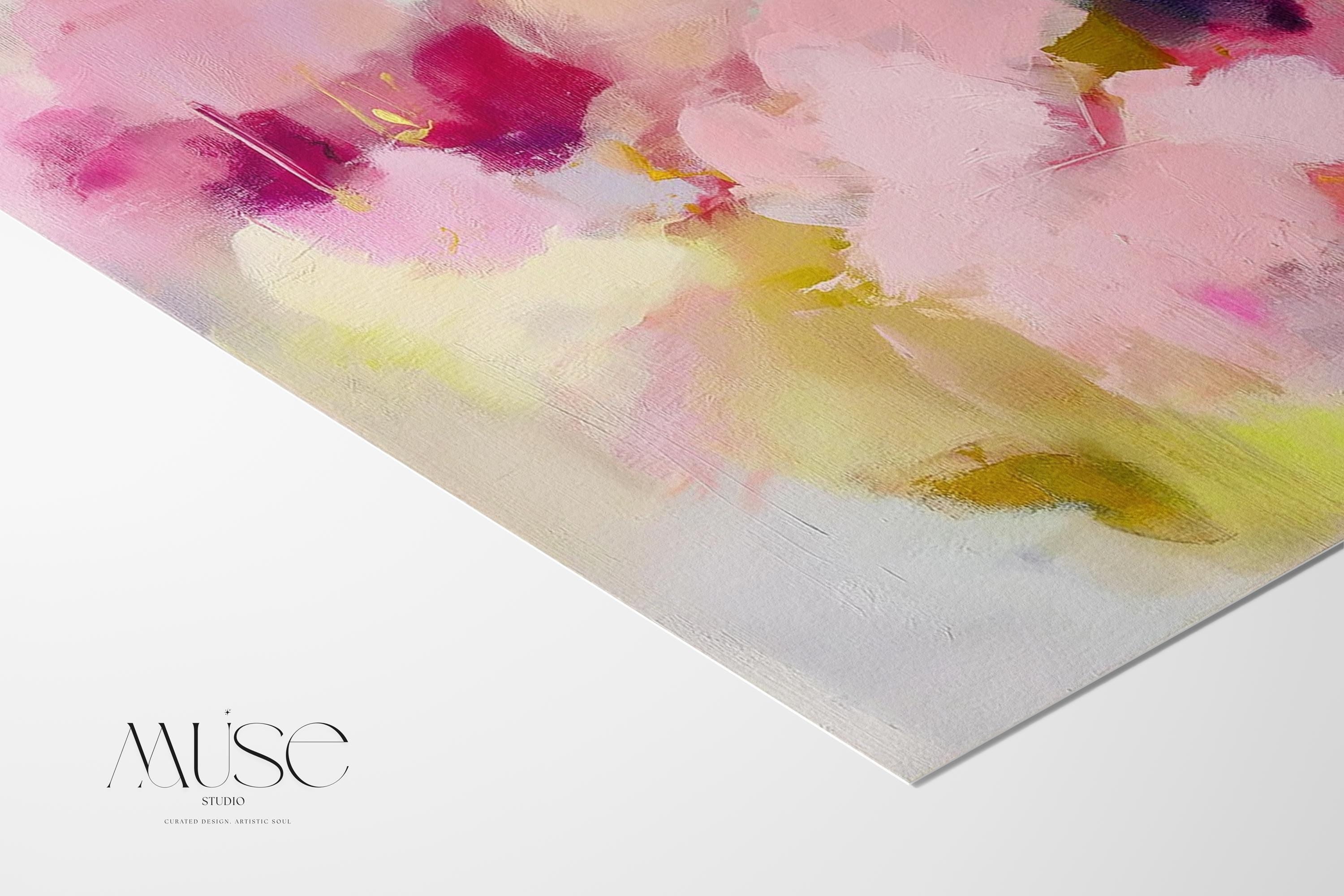 Vertical floral abstract wall art in pink, fuchsia, pale lime, and creamy white. Features soft blended brushstrokes with romantic movement and pastel tones. Giclée print or canvas option available. Perfect for coquette bedrooms, dressing areas, or soft contemporary decor. Muse Studio artwork.