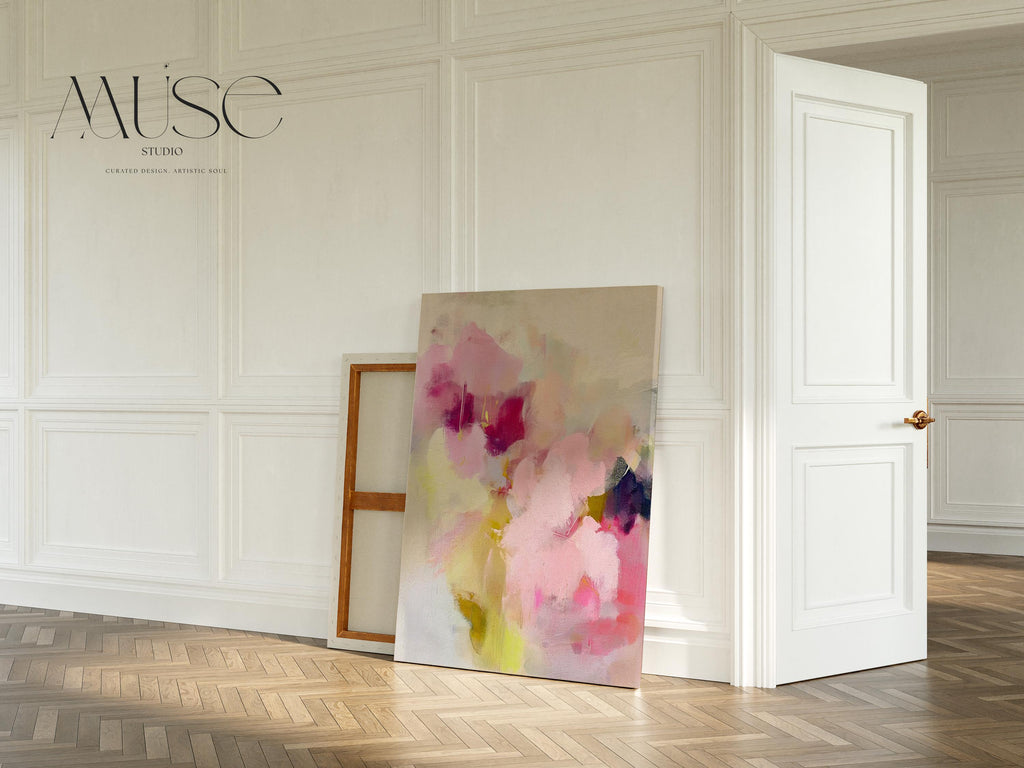 Vertical floral abstract wall art in pink, fuchsia, pale lime, and creamy white. Features soft blended brushstrokes with romantic movement and pastel tones. Giclée print or canvas option available. Perfect for coquette bedrooms, dressing areas, or soft contemporary decor. Muse Studio artwork.