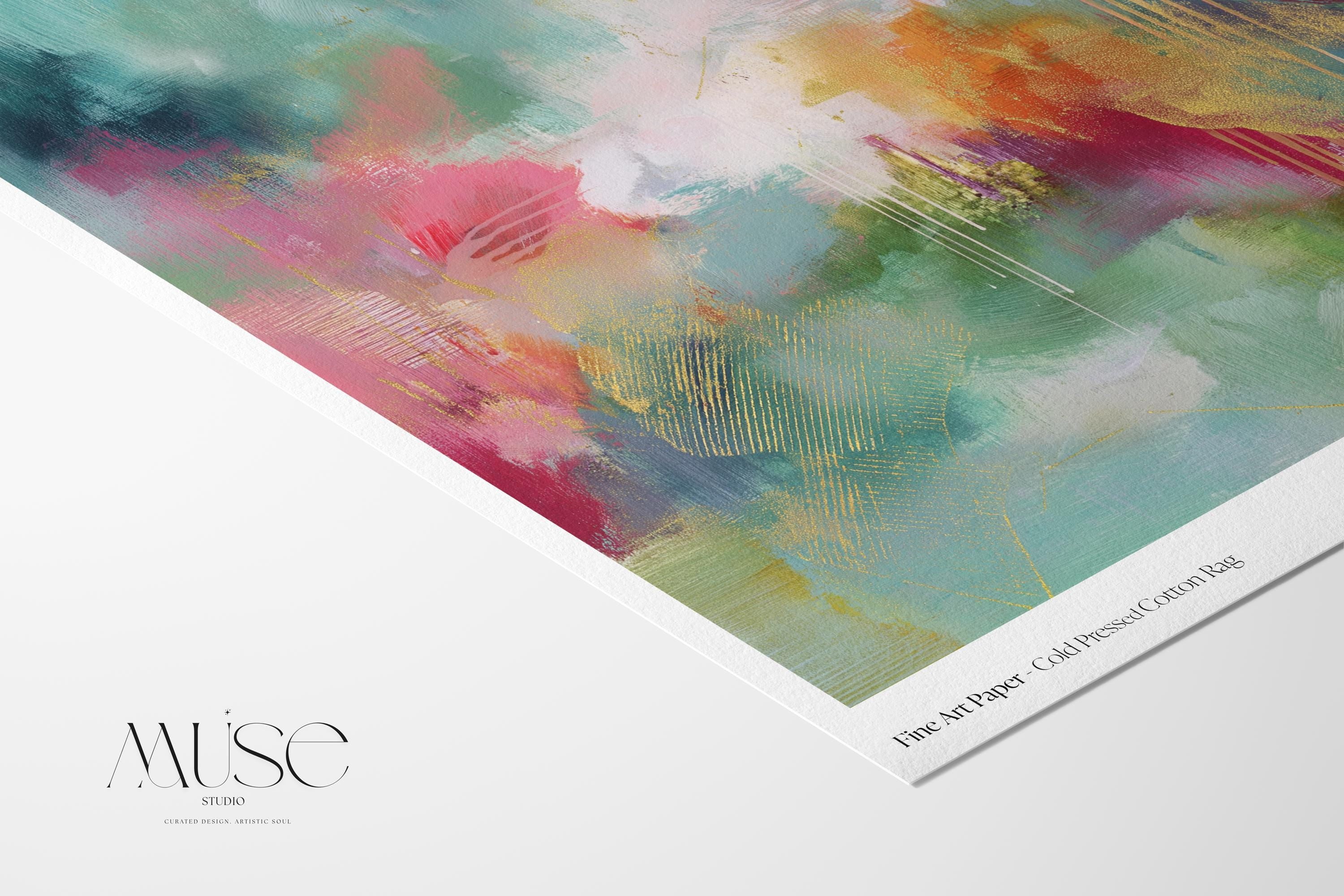 Horizontal abstract canvas wall art with bold teal, soft coral, and golden accents, framed in a warm neutral room. Designed with expressive brushstrokes and rich color layering, this extra-large piece brings eclectic and transitional style to living rooms, dining spaces, or modern interiors. Available as framed or gallery-wrapped canvas from Muse Studio.