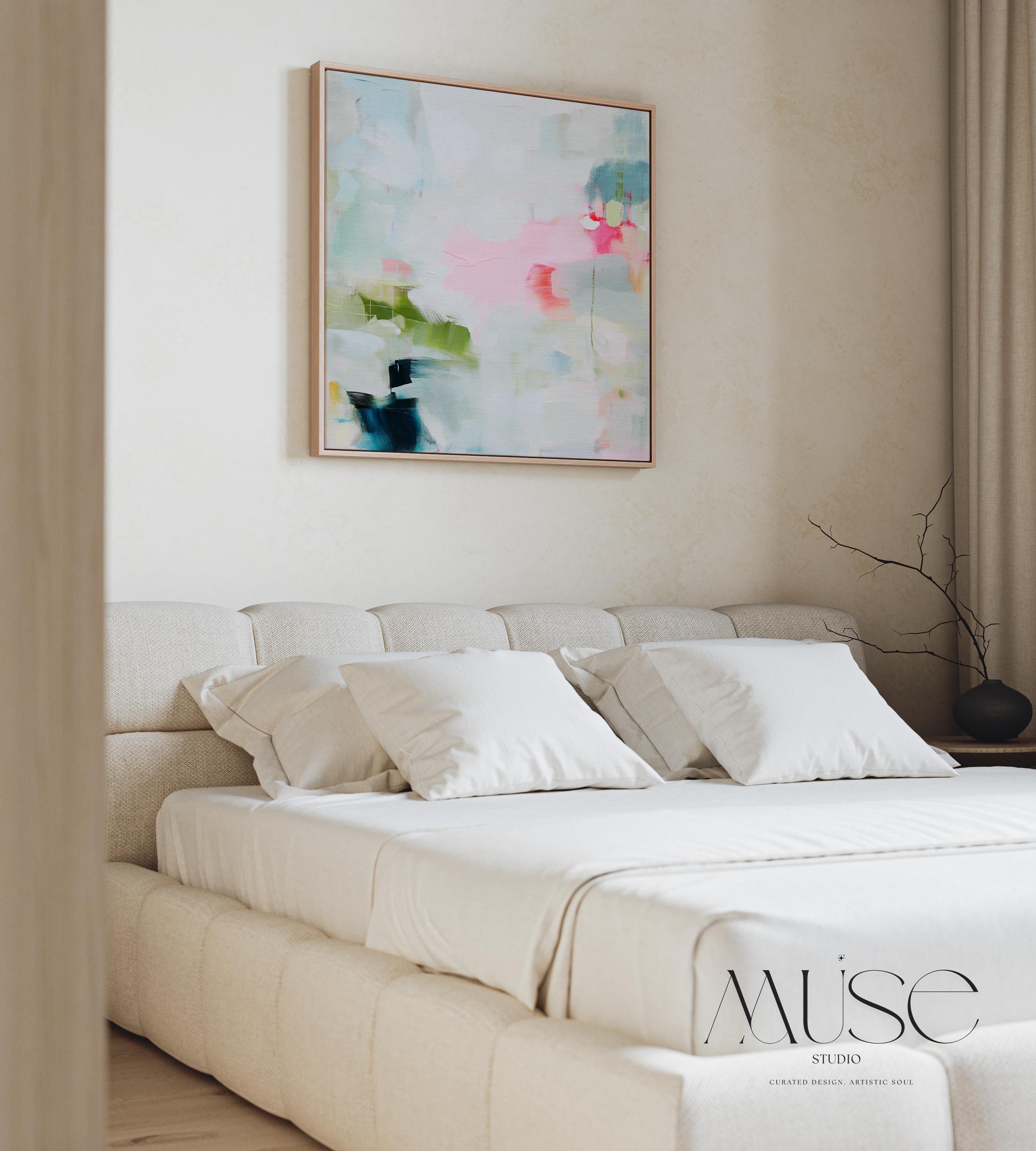 Square framed abstract wall art in blush pink, aqua, and sage green with touches of teal and soft peach. Designed in a soft bright pastel botanical style, this artwork creates a serene yet uplifting mood for living rooms, bedrooms, and entryways. A statement piece that pairs with warm minimalism, layered boho, and transitional interiors. Available as a gallery-wrapped canvas, floating framed canvas, or fine art poster print for curated home decor.