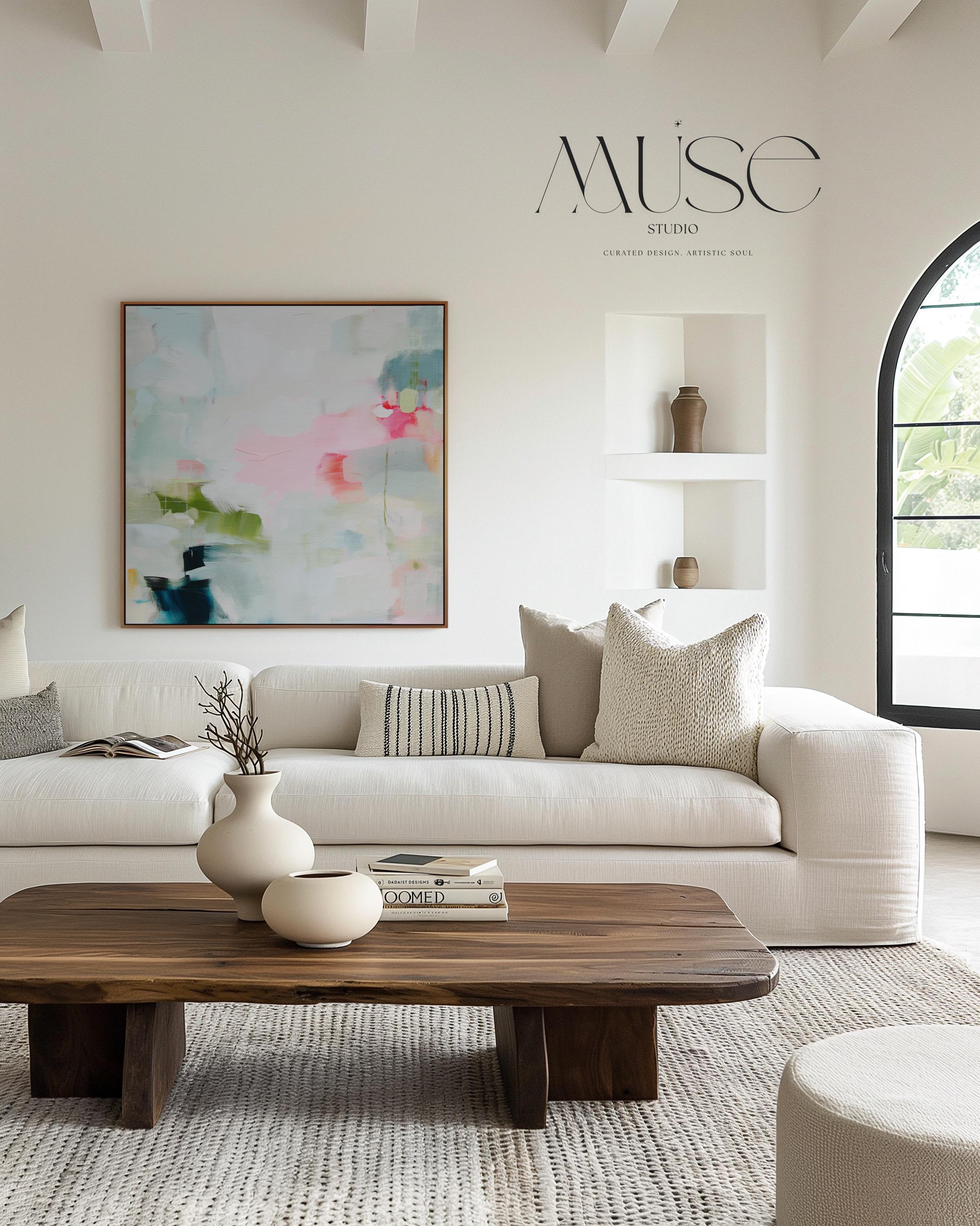 Square framed abstract wall art in blush pink, aqua, and sage green with touches of teal and soft peach. Designed in a soft bright pastel botanical style, this artwork creates a serene yet uplifting mood for living rooms, bedrooms, and entryways. A statement piece that pairs with warm minimalism, layered boho, and transitional interiors. Available as a gallery-wrapped canvas, floating framed canvas, or fine art poster print for curated home decor.