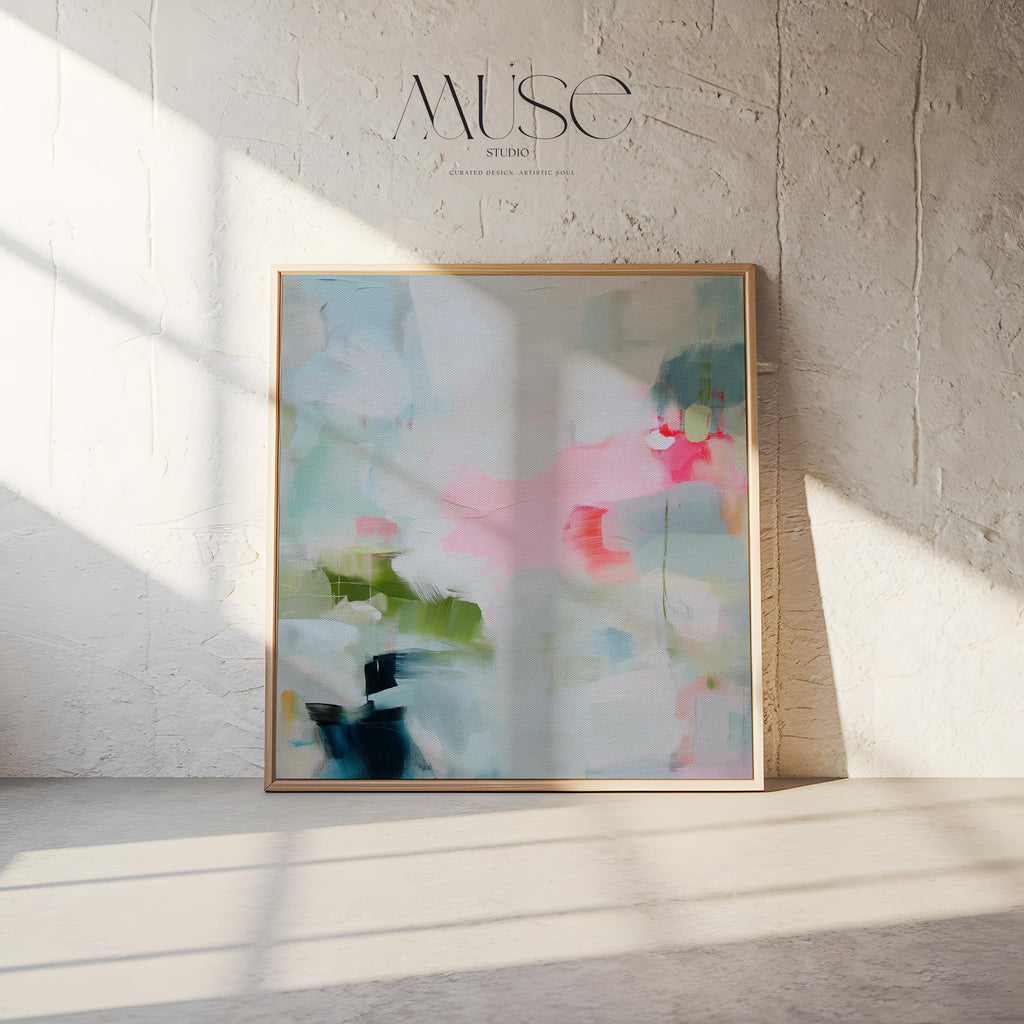 Square framed abstract wall art in blush pink, aqua, and sage green with touches of teal and soft peach. Designed in a soft bright pastel botanical style, this artwork creates a serene yet uplifting mood for living rooms, bedrooms, and entryways. A statement piece that pairs with warm minimalism, layered boho, and transitional interiors. Available as a gallery-wrapped canvas, floating framed canvas, or fine art poster print for curated home decor.
