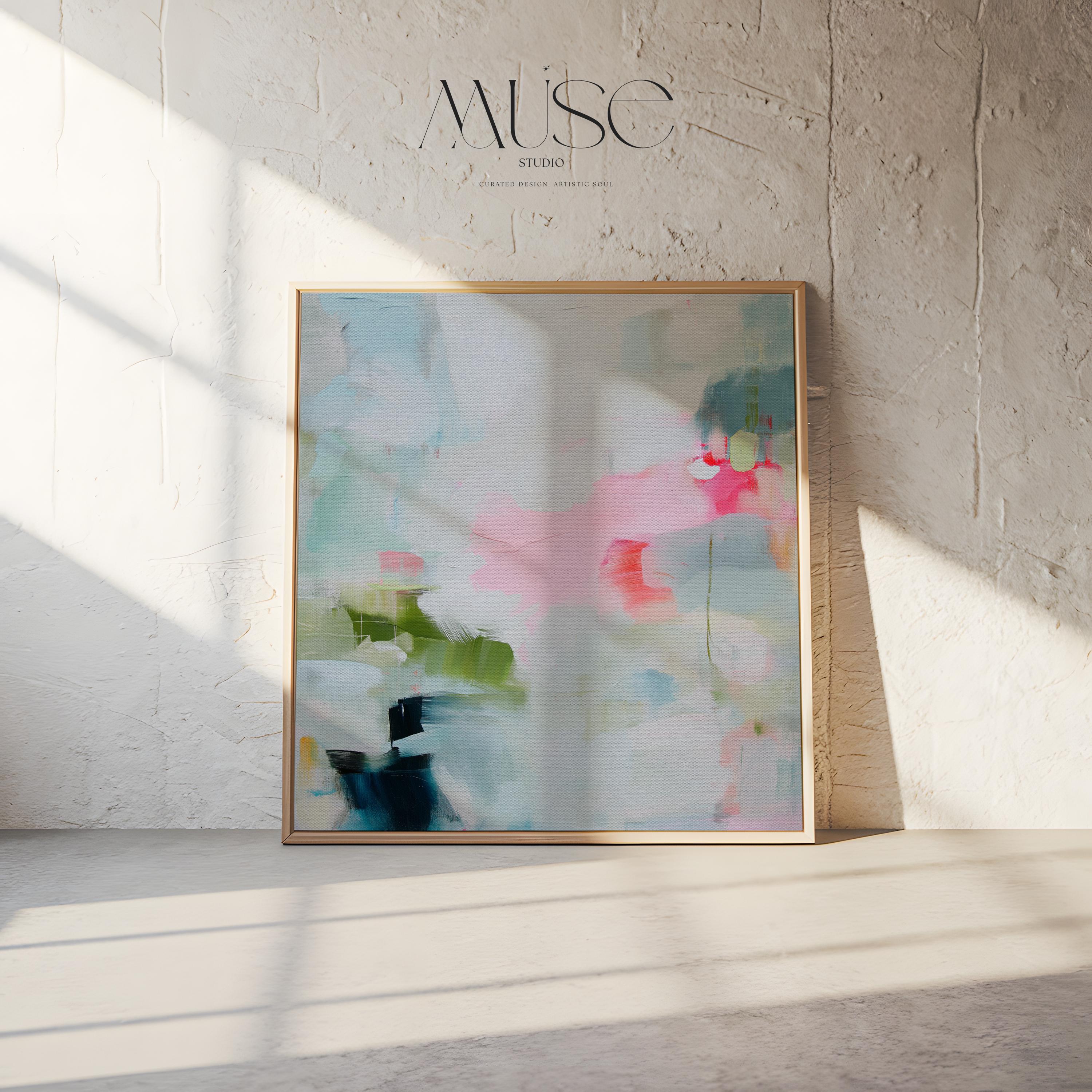 Square framed abstract wall art in blush pink, aqua, and sage green with touches of teal and soft peach. Designed in a soft bright pastel botanical style, this artwork creates a serene yet uplifting mood for living rooms, bedrooms, and entryways. A statement piece that pairs with warm minimalism, layered boho, and transitional interiors. Available as a gallery-wrapped canvas, floating framed canvas, or fine art poster print for curated home decor.
