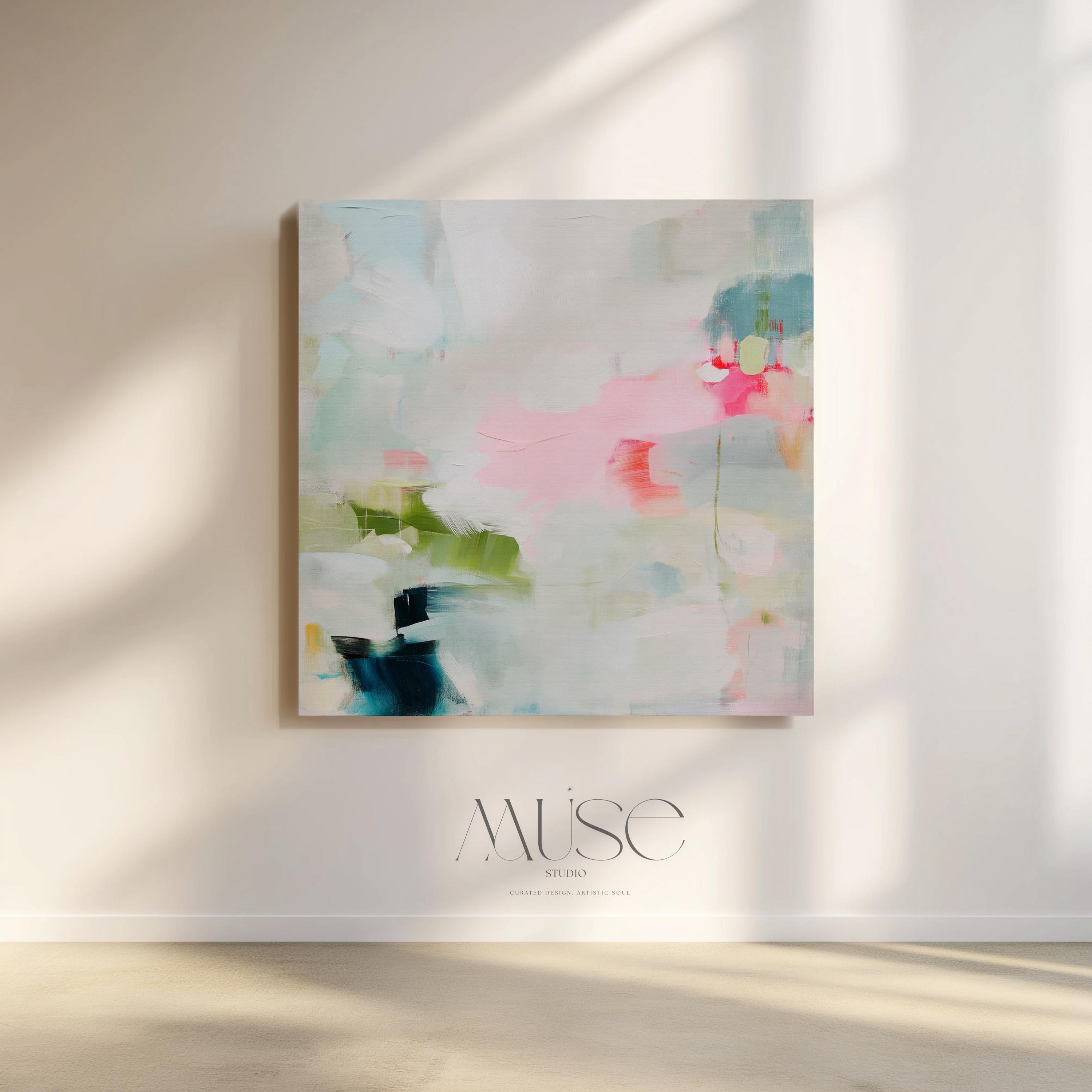 Square pink and blue abstract wall art with soft pastel botanical tones and gentle texture. Ideal for bedrooms, offices, or modern living rooms seeking a calm and contemporary focal point. Available as framed canvas or gallery-wrapped giclée wall art by Muse Studio.