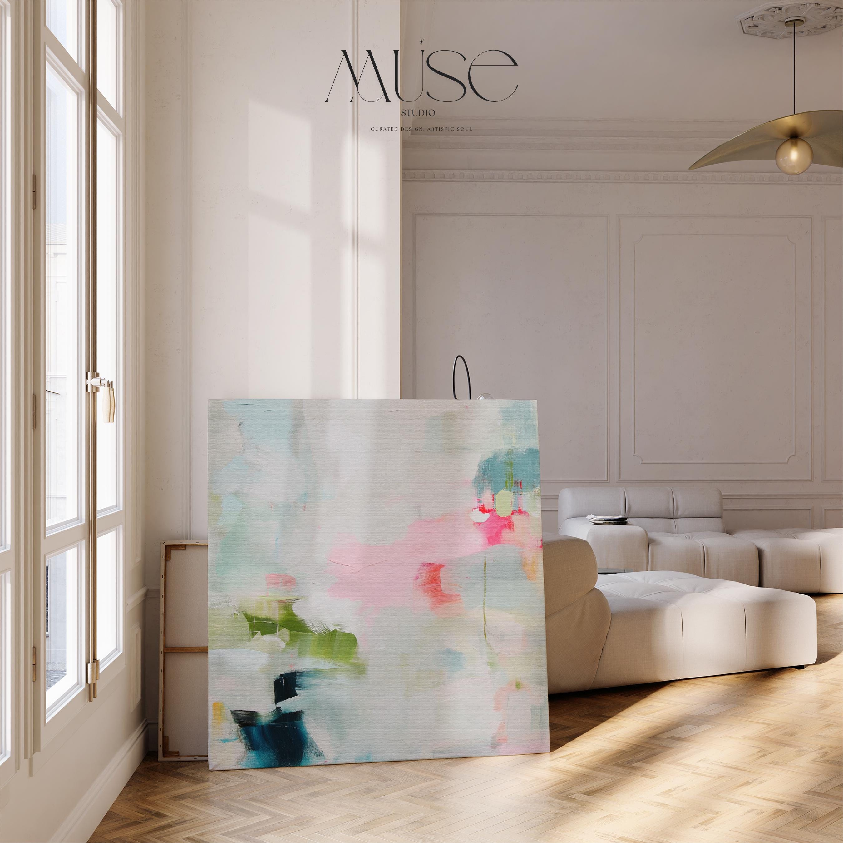 Square pink and blue abstract wall art with soft pastel botanical tones and gentle texture. Ideal for bedrooms, offices, or modern living rooms seeking a calm and contemporary focal point. Available as framed canvas or gallery-wrapped giclée wall art by Muse Studio.