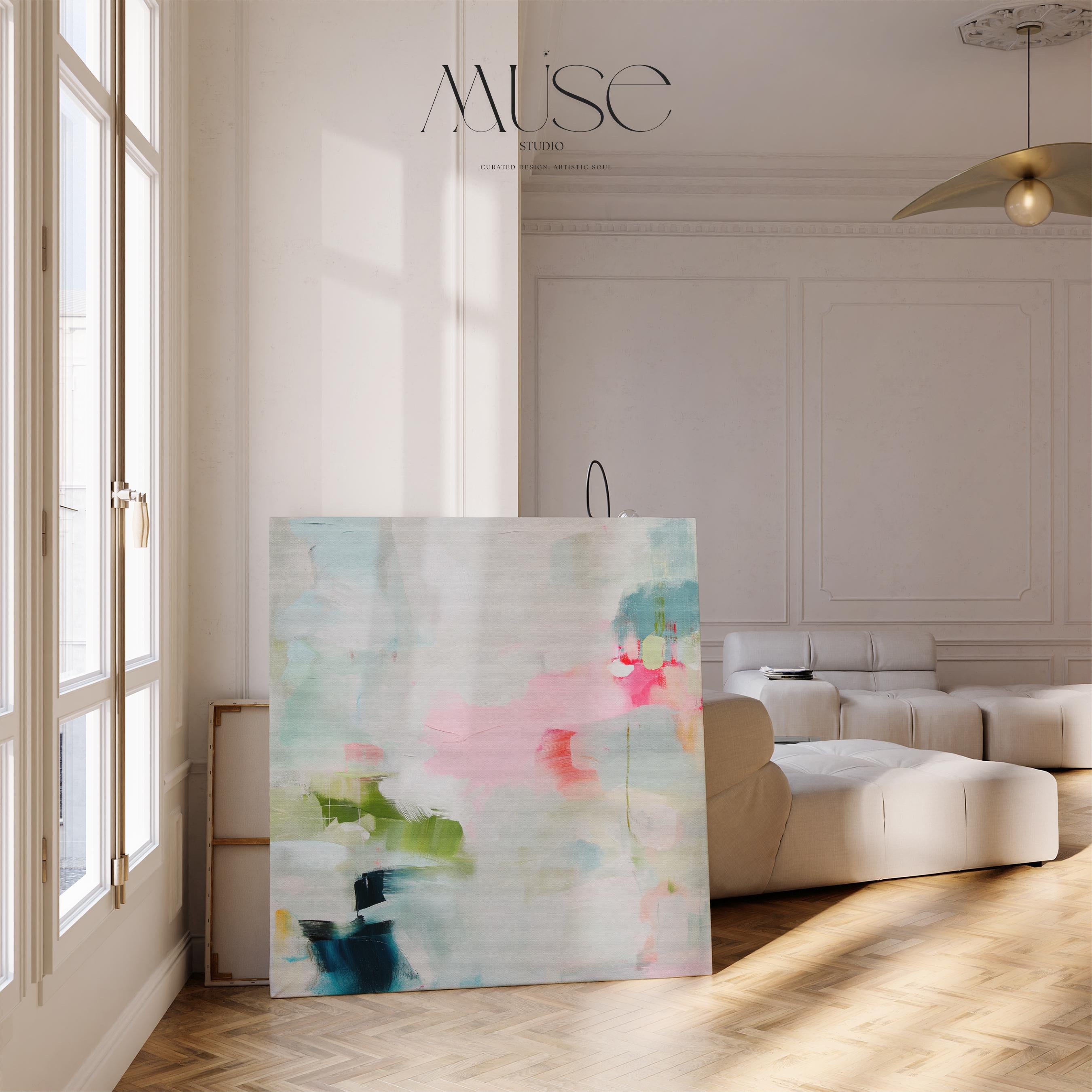 Square pink and blue abstract wall art with soft pastel botanical tones and gentle texture. Ideal for bedrooms, offices, or modern living rooms seeking a calm and contemporary focal point. Available as framed canvas or gallery-wrapped giclée wall art by Muse Studio.