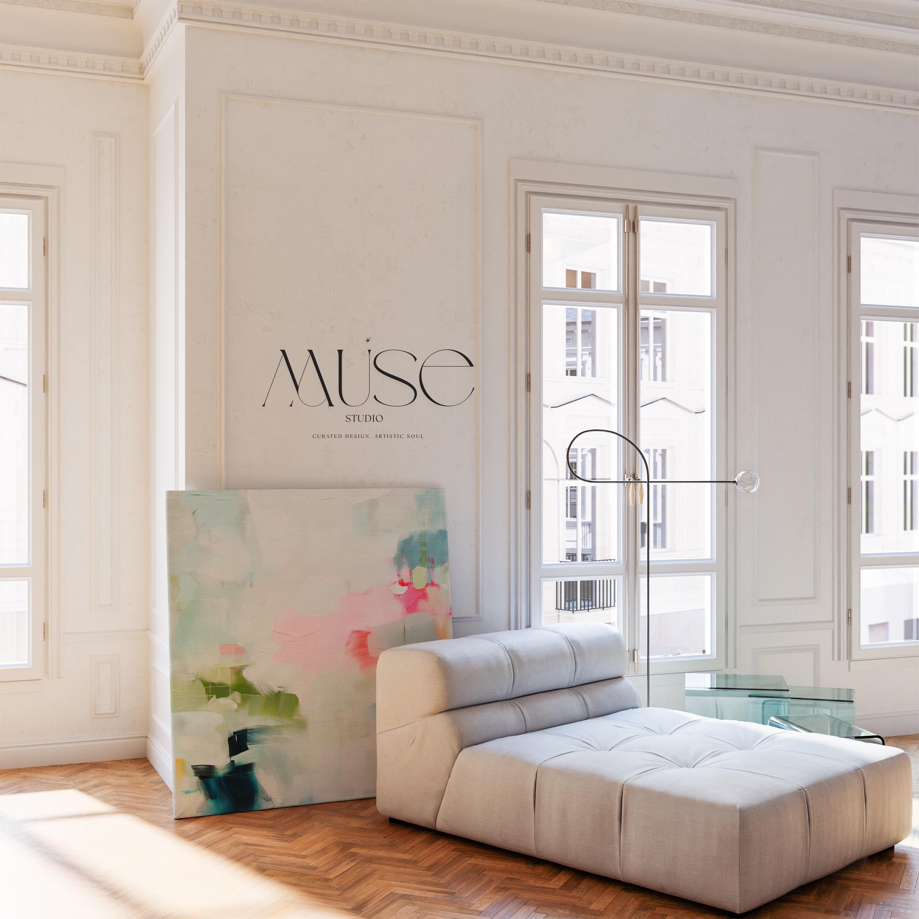 Oversized square canvas wall art in blush pink, aqua, sage, and teal with hints of soft peach. Painted in a luminous, pastel botanical abstract style that feels serene yet uplifting. Perfect for bedrooms, living rooms, or entryway statement walls, blending with warm minimalism, soft contemporary, and transitional interiors. Offered as a gallery-wrapped XL canvas wall art for curated home decor.