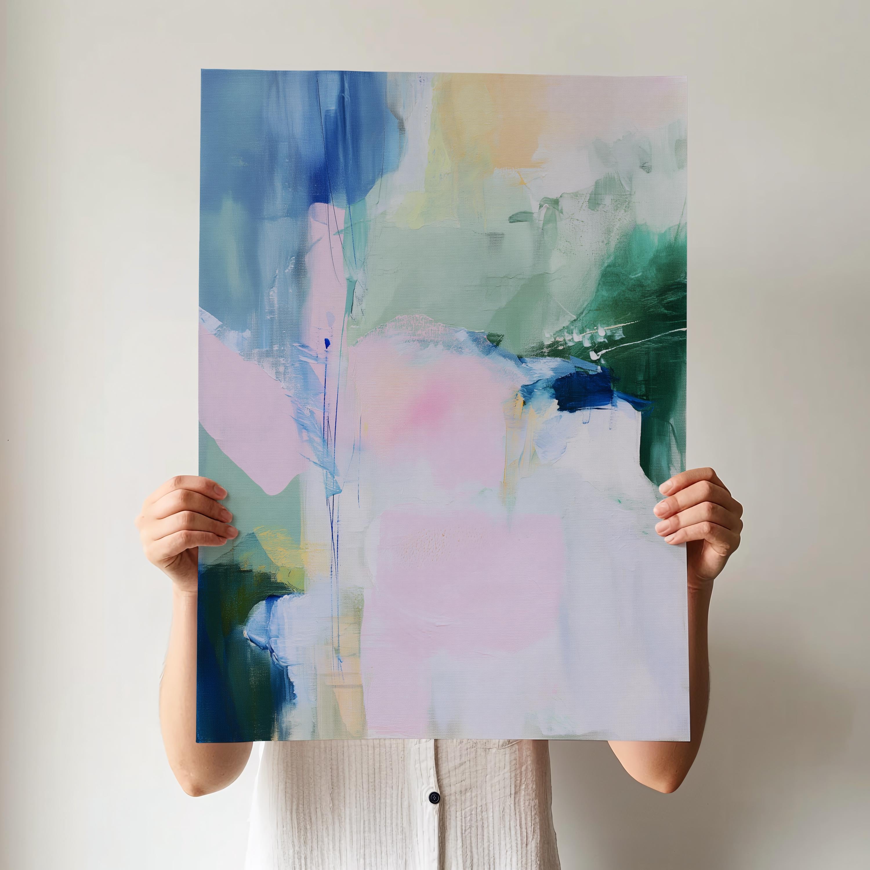 Large abstract poster print featuring blush pink, aqua, sage green, and indigo tones in a pastel botanical style. Designed to bring a serene yet uplifting atmosphere, this versatile print works beautifully framed or unframed in bedrooms, living rooms, and entryways. Complements soft bright and transitional interiors, ideal for modern home styling. Fine art poster print on premium paper for curated decor.