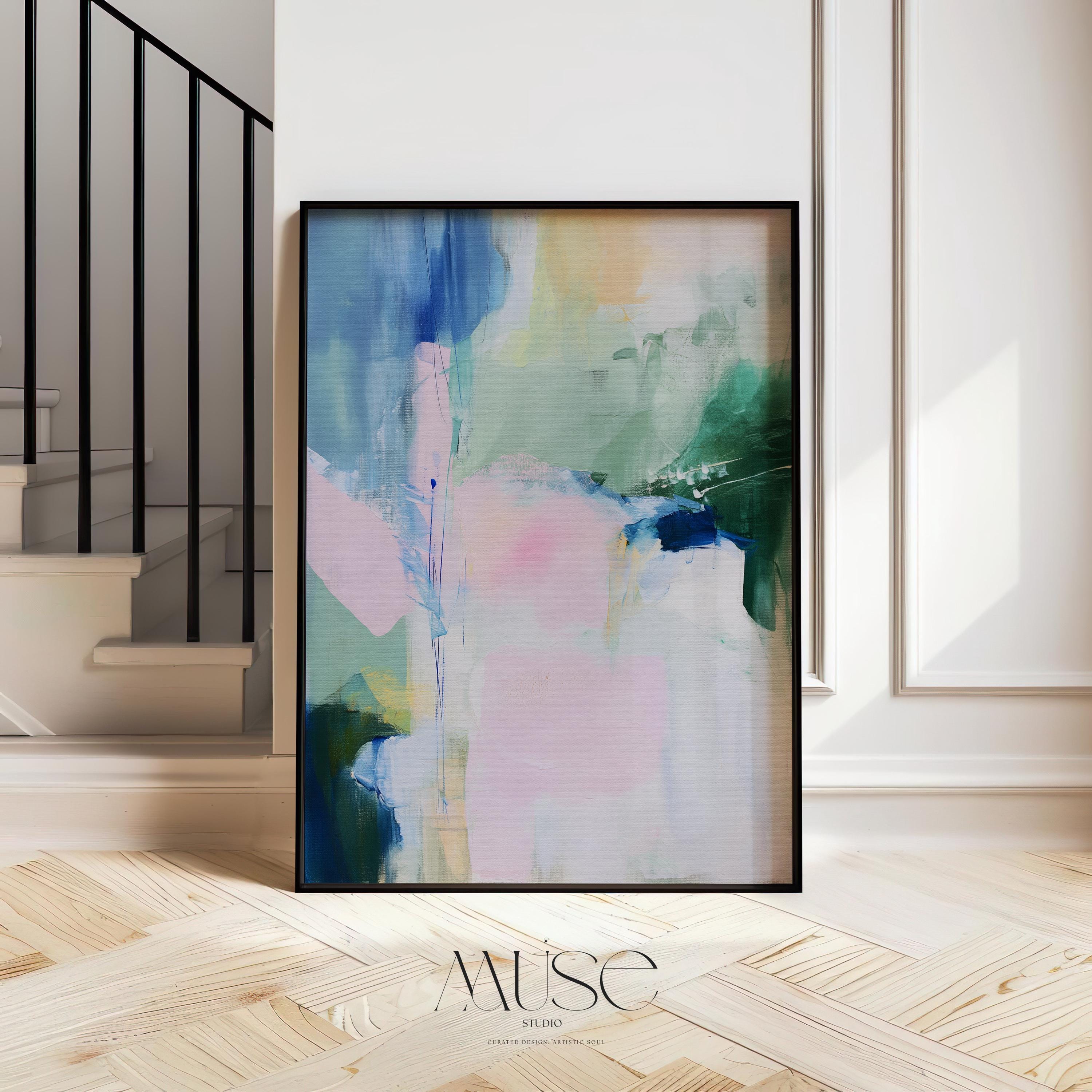 Large abstract poster print featuring blush pink, aqua, sage green, and indigo tones in a pastel botanical style. Designed to bring a serene yet uplifting atmosphere, this versatile print works beautifully framed or unframed in bedrooms, living rooms, and entryways. Complements soft bright and transitional interiors, ideal for modern home styling. Fine art poster print on premium paper for curated decor.
