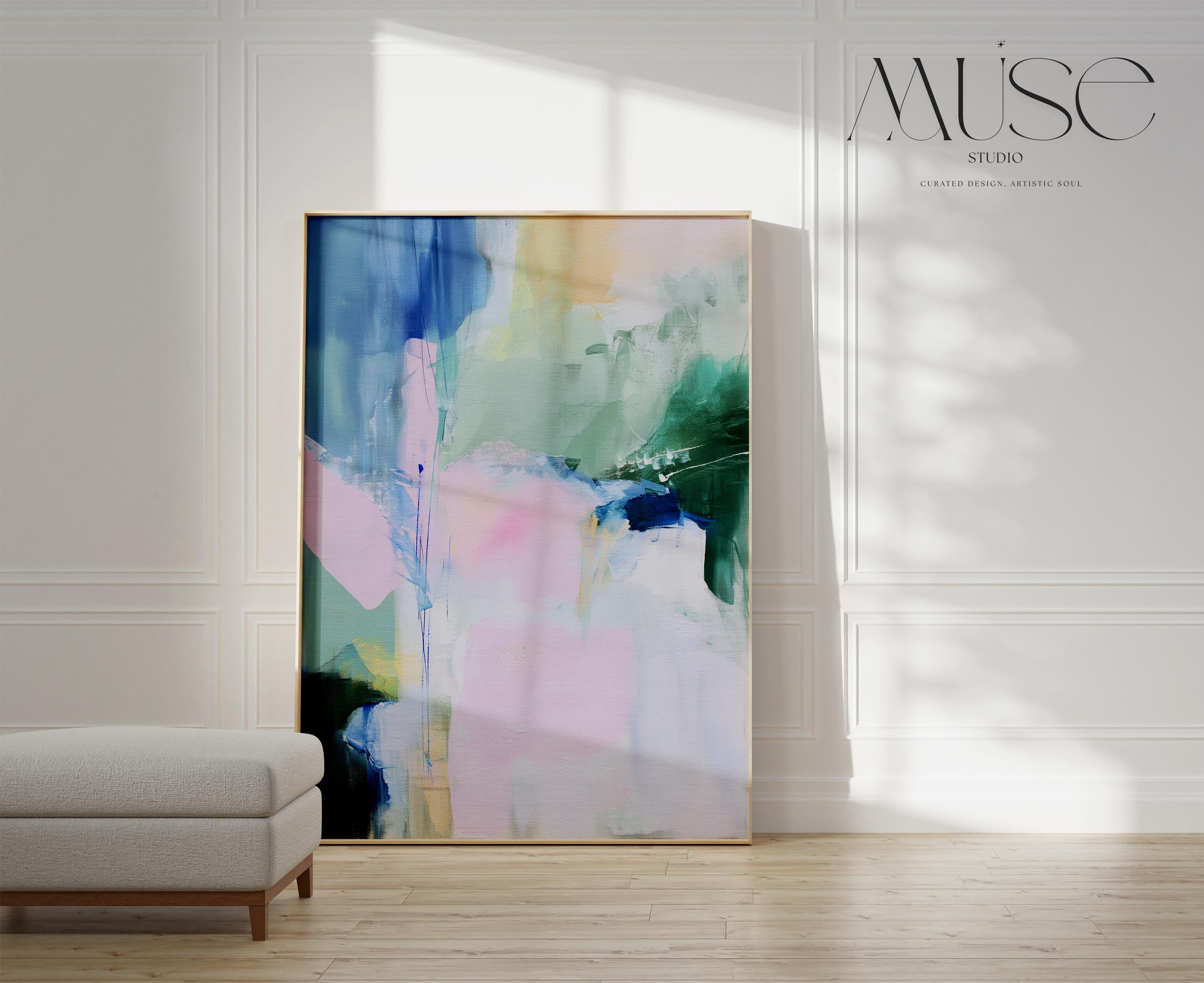 Large abstract poster print featuring blush pink, aqua, sage green, and indigo tones in a pastel botanical style. Designed to bring a serene yet uplifting atmosphere, this versatile print works beautifully framed or unframed in bedrooms, living rooms, and entryways. Complements soft bright and transitional interiors, ideal for modern home styling. Fine art poster print on premium paper for curated decor.