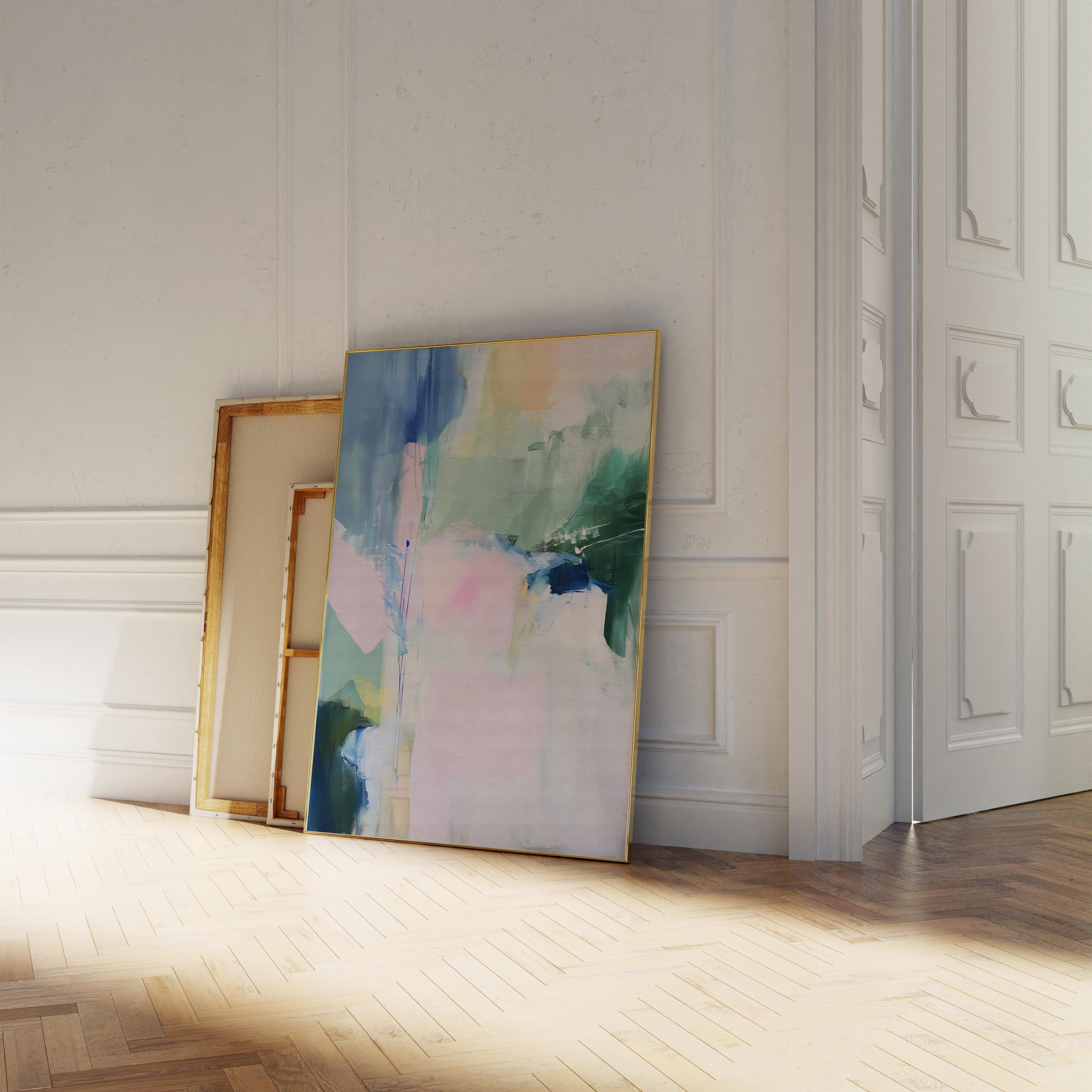 Large abstract poster print featuring blush pink, aqua, sage green, and indigo tones in a pastel botanical style. Designed to bring a serene yet uplifting atmosphere, this versatile print works beautifully framed or unframed in bedrooms, living rooms, and entryways. Complements soft bright and transitional interiors, ideal for modern home styling. Fine art poster print on premium paper for curated decor.