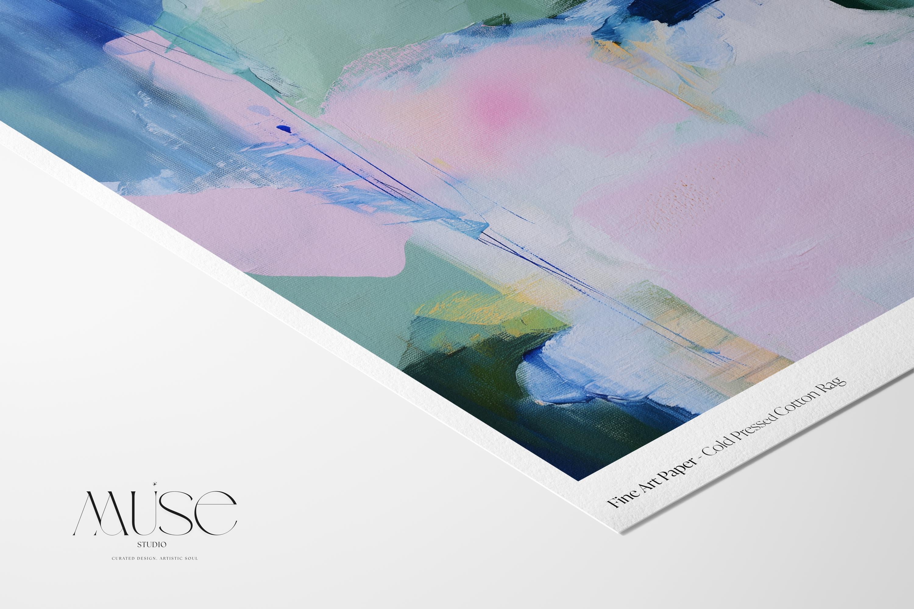 Large abstract poster print featuring blush pink, aqua, sage green, and indigo tones in a pastel botanical style. Designed to bring a serene yet uplifting atmosphere, this versatile print works beautifully framed or unframed in bedrooms, living rooms, and entryways. Complements soft bright and transitional interiors, ideal for modern home styling. Fine art poster print on premium paper for curated decor.