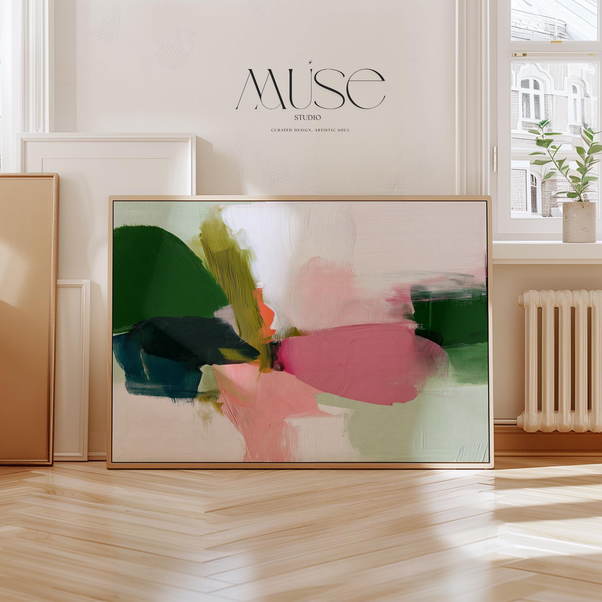 Poster Art Print by Muse Studio • Green and Pink Abstract Wall Art • Soft Contemporary Style • Horizontal Large Living Room Decor • 430