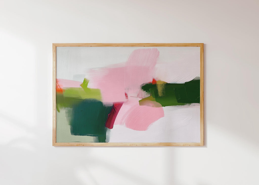 Abstract wall art poster print in blush pink, green, coral, and soft mint tones with painterly brushstrokes. Designed in a horizontal layout for above bed or sofa styling, this piece blends transitional warmth, minimal clarity, and contemporary boho charm. Perfect for bedrooms, living rooms, or curated interiors. Offered as a fine art poster print, ready to frame for a refined designer home decor statement.