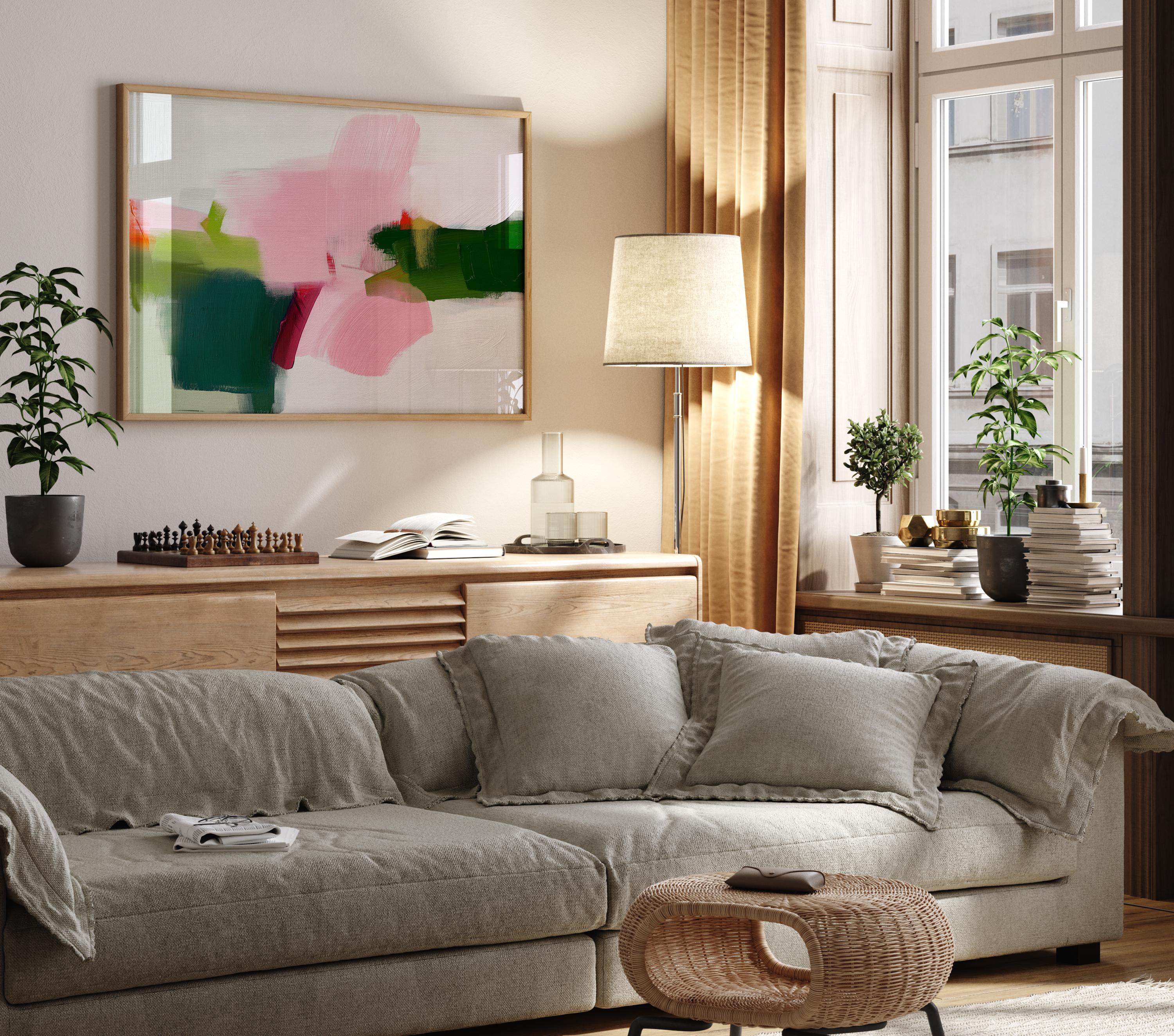 Abstract wall art poster print in blush pink, green, coral, and soft mint tones with painterly brushstrokes. Designed in a horizontal layout for above bed or sofa styling, this piece blends transitional warmth, minimal clarity, and contemporary boho charm. Perfect for bedrooms, living rooms, or curated interiors. Offered as a fine art poster print, ready to frame for a refined designer home decor statement.