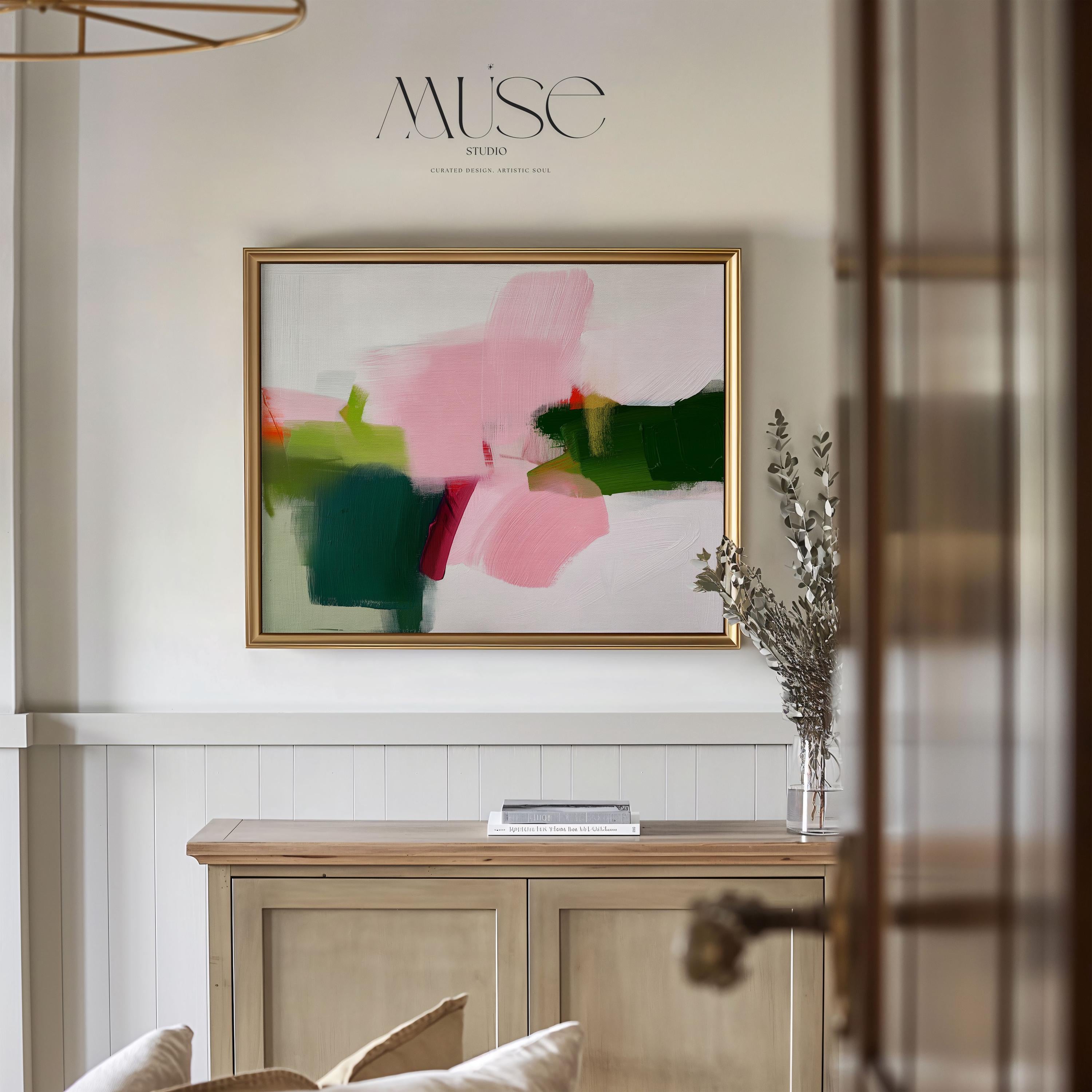 Abstract wall art poster print in blush pink, green, coral, and soft mint tones with painterly brushstrokes. Designed in a horizontal layout for above bed or sofa styling, this piece blends transitional warmth, minimal clarity, and contemporary boho charm. Perfect for bedrooms, living rooms, or curated interiors. Offered as a fine art poster print, ready to frame for a refined designer home decor statement.