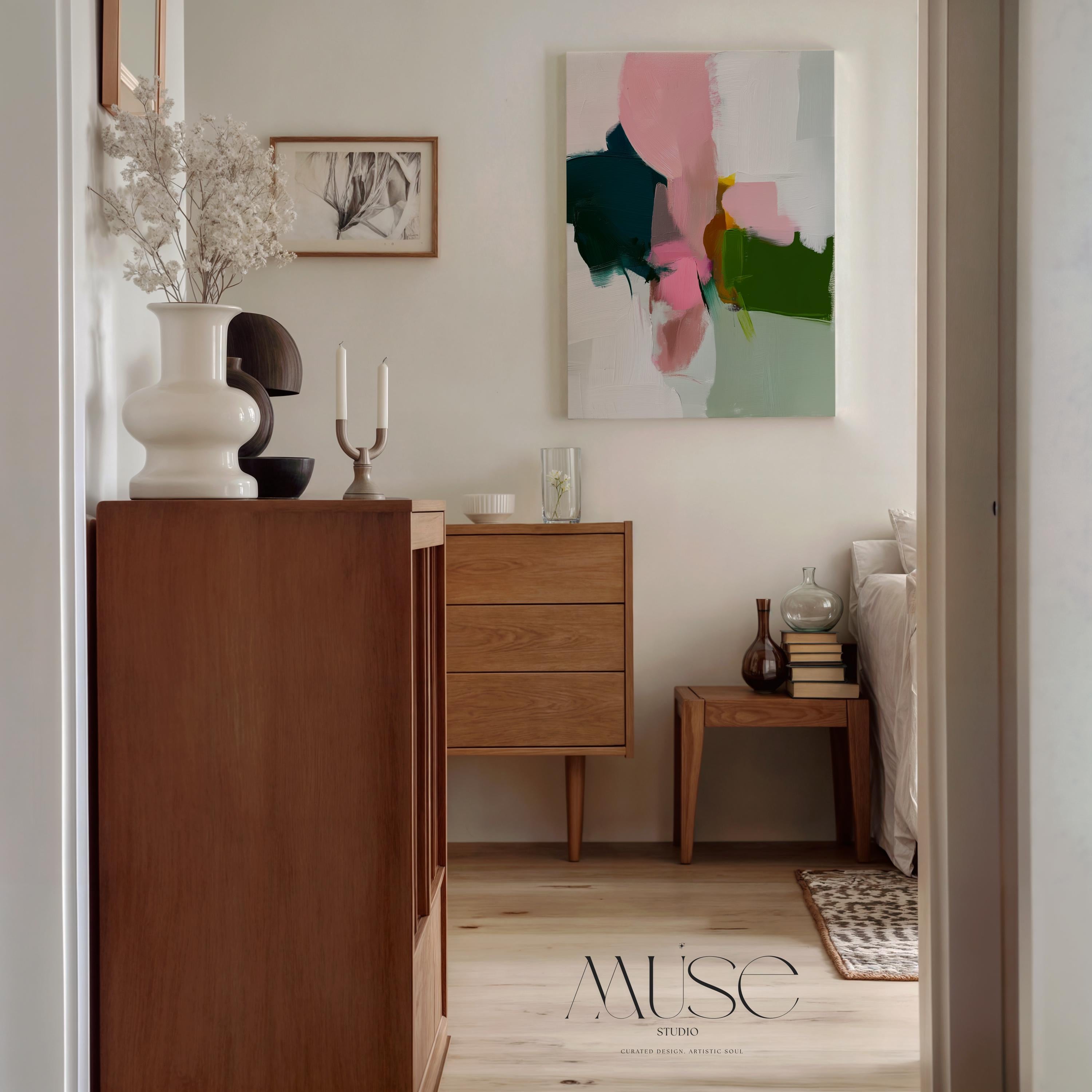 Abstract Wall Art Canvas and Poster Print by Muse Studio • Pink and Green Painting • Warm Minimal • Large Vertical Decor • MUSE 432