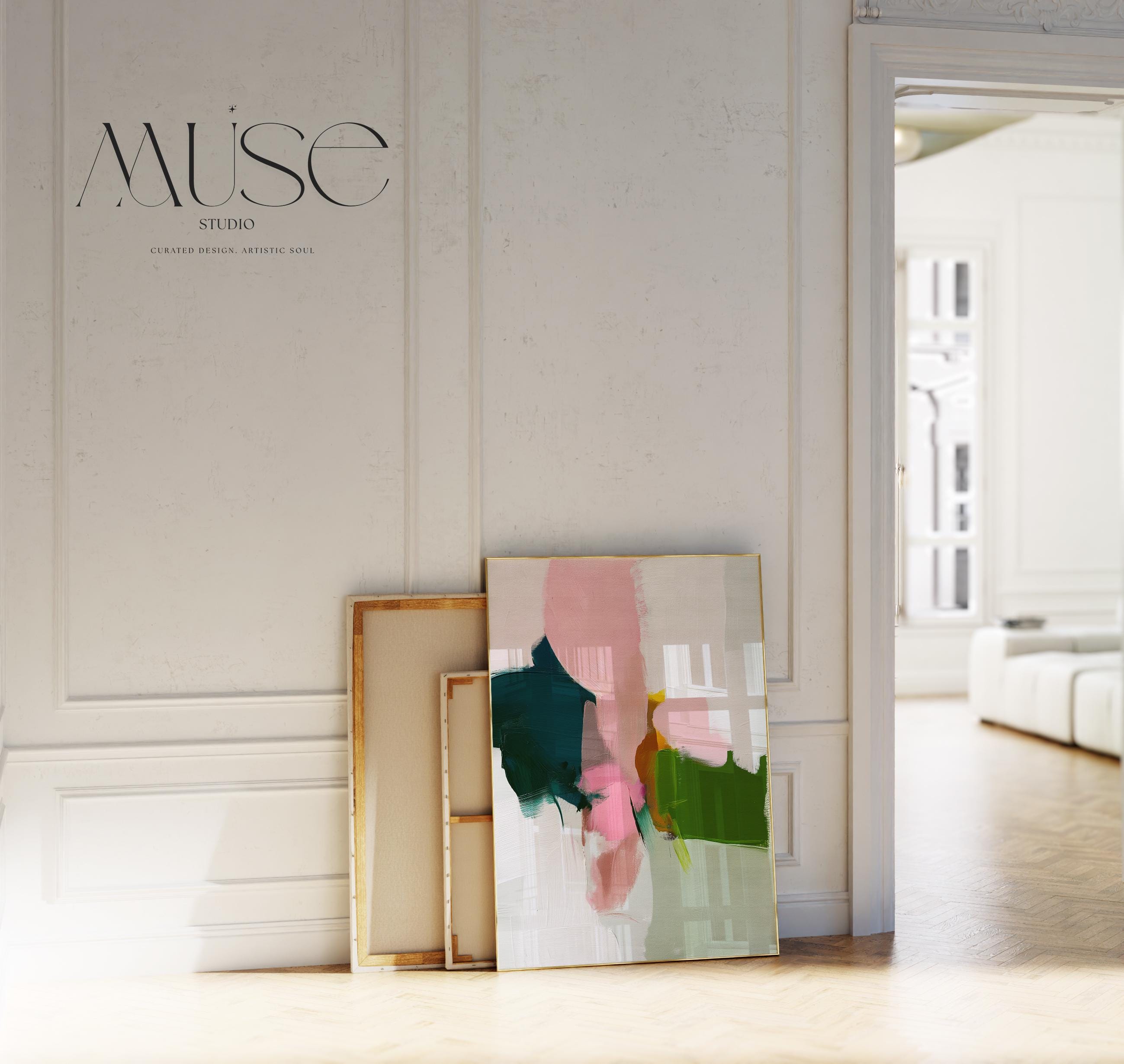 Abstract Wall Art Canvas and Poster Print by Muse Studio • Pink and Green Painting • Warm Minimal • Large Vertical Decor • MUSE 432