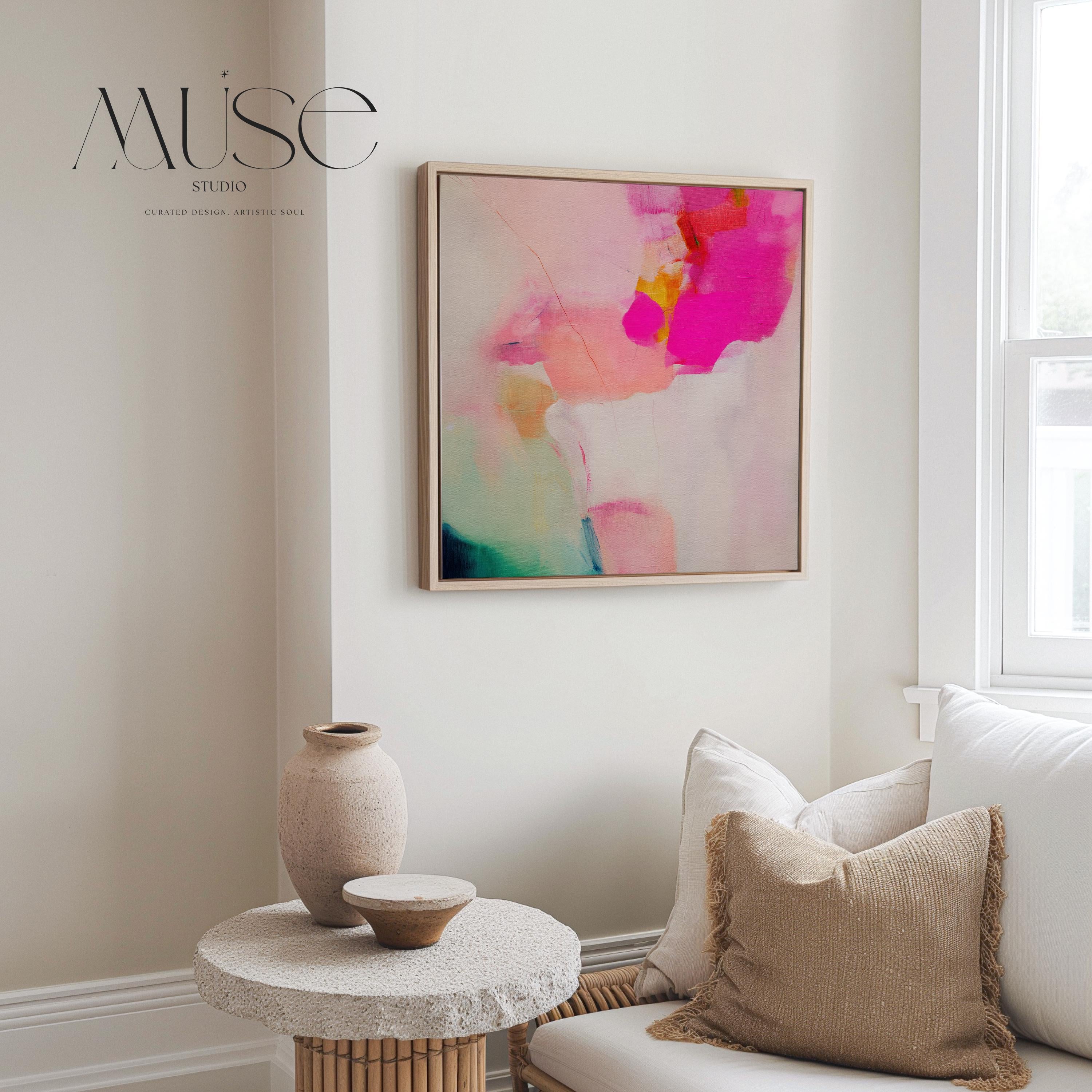 Framed canvas wall art featuring bold fuchsia pink, blush, coral, and aqua teal tones in a square abstract giclée print. Designed as a statement piece for dining rooms, living rooms, or bedrooms, this artwork blends transitional and contemporary boho style with vibrant sophistication. Available as a floating framed canvas giclée print in multiple sizes, perfect for curated designer-inspired home decor.