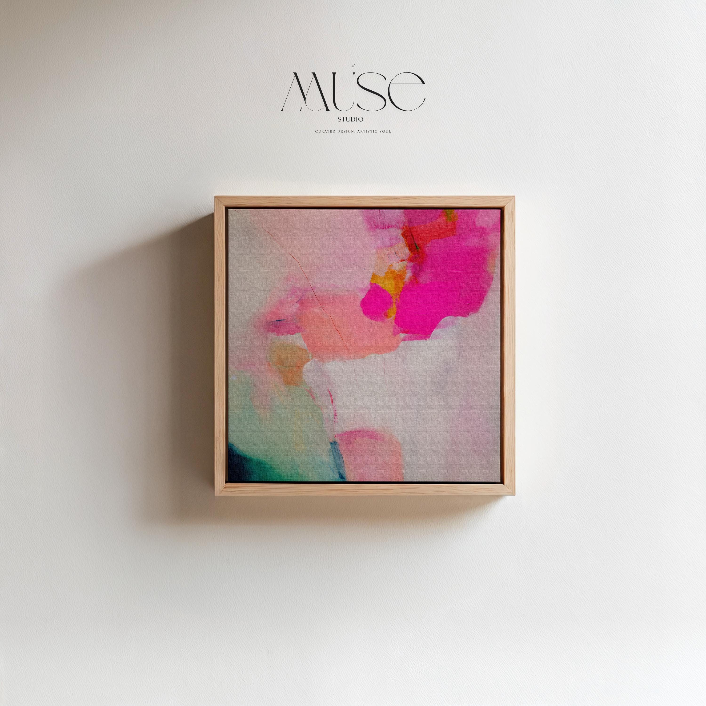 Framed canvas wall art featuring bold fuchsia pink, blush, coral, and aqua teal tones in a square abstract giclée print. Designed as a statement piece for dining rooms, living rooms, or bedrooms, this artwork blends transitional and contemporary boho style with vibrant sophistication. Available as a floating framed canvas giclée print in multiple sizes, perfect for curated designer-inspired home decor.