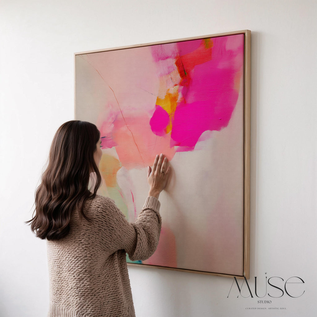 Framed canvas wall art featuring bold fuchsia pink, blush, coral, and aqua teal tones in a square abstract giclée print. Designed as a statement piece for dining rooms, living rooms, or bedrooms, this artwork blends transitional and contemporary boho style with vibrant sophistication. Available as a floating framed canvas giclée print in multiple sizes, perfect for curated designer-inspired home decor.