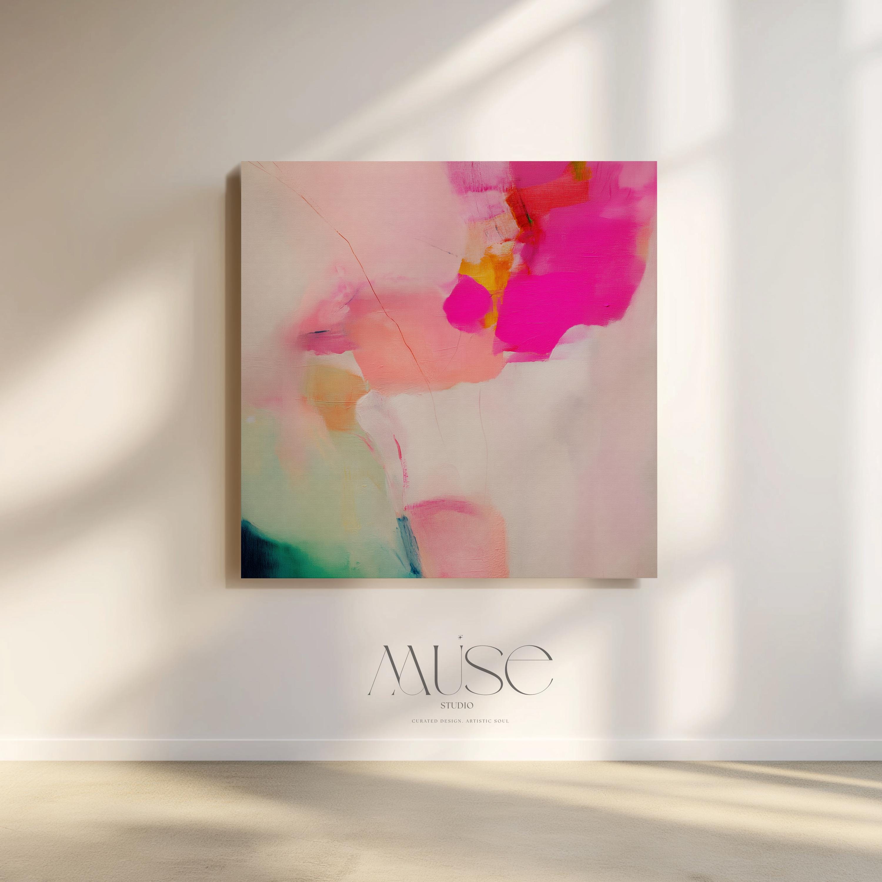 Abstract large canvas wall art featuring pastel botanical tones of fuchsia pink, blush, and aqua teal. Designed as a giclée print in a square format, this piece blends pastel softness with boho decor charm. Perfect for living rooms, dining rooms, or bedrooms, it creates a vibrant yet calming focal point. Offered as a gallery-wrapped large canvas wall art giclée print in multiple sizes for curated modern interiors.