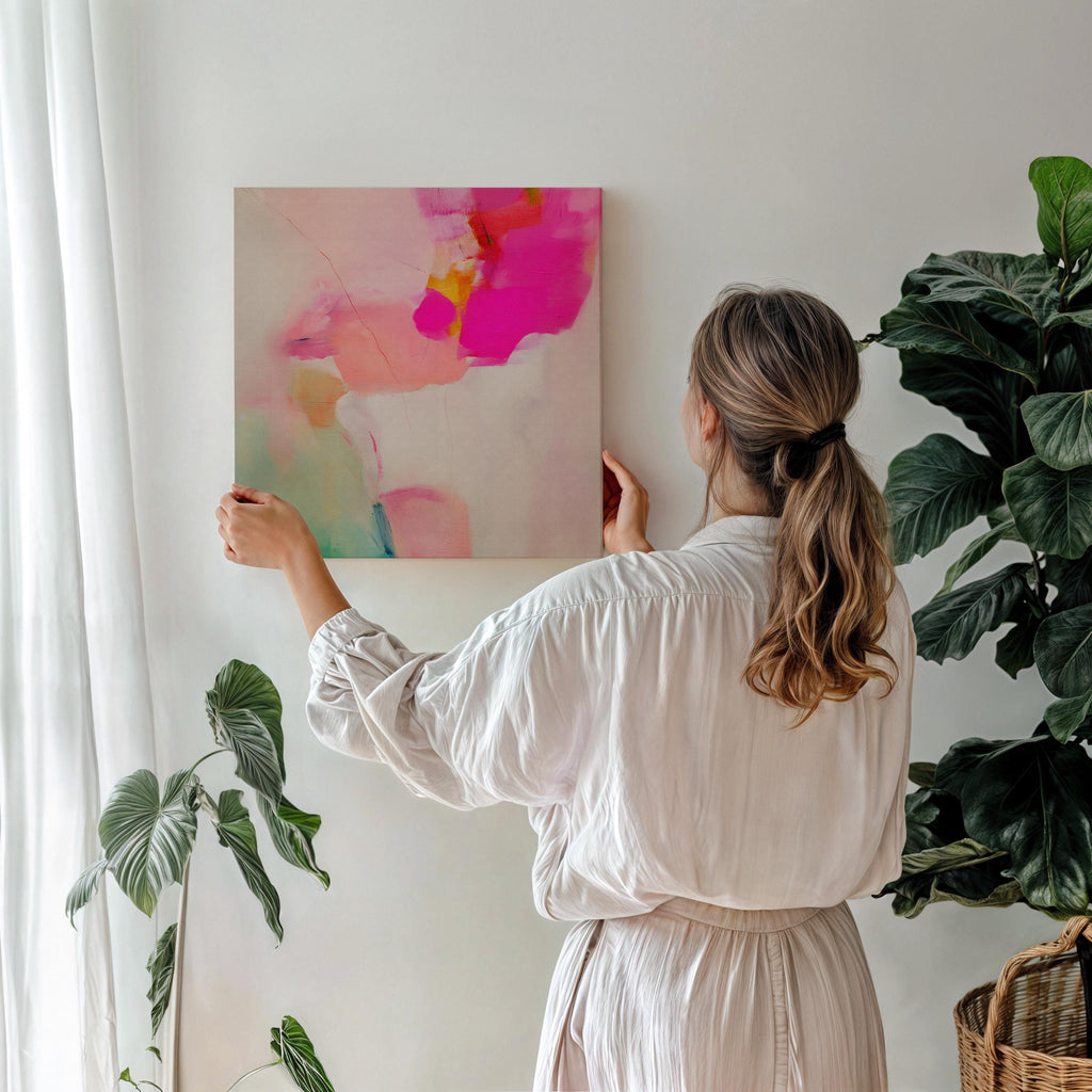 Abstract large canvas wall art featuring pastel botanical tones of fuchsia pink, blush, and aqua teal. Designed as a giclée print in a square format, this piece blends pastel softness with boho decor charm. Perfect for living rooms, dining rooms, or bedrooms, it creates a vibrant yet calming focal point. Offered as a gallery-wrapped large canvas wall art giclée print in multiple sizes for curated modern interiors.