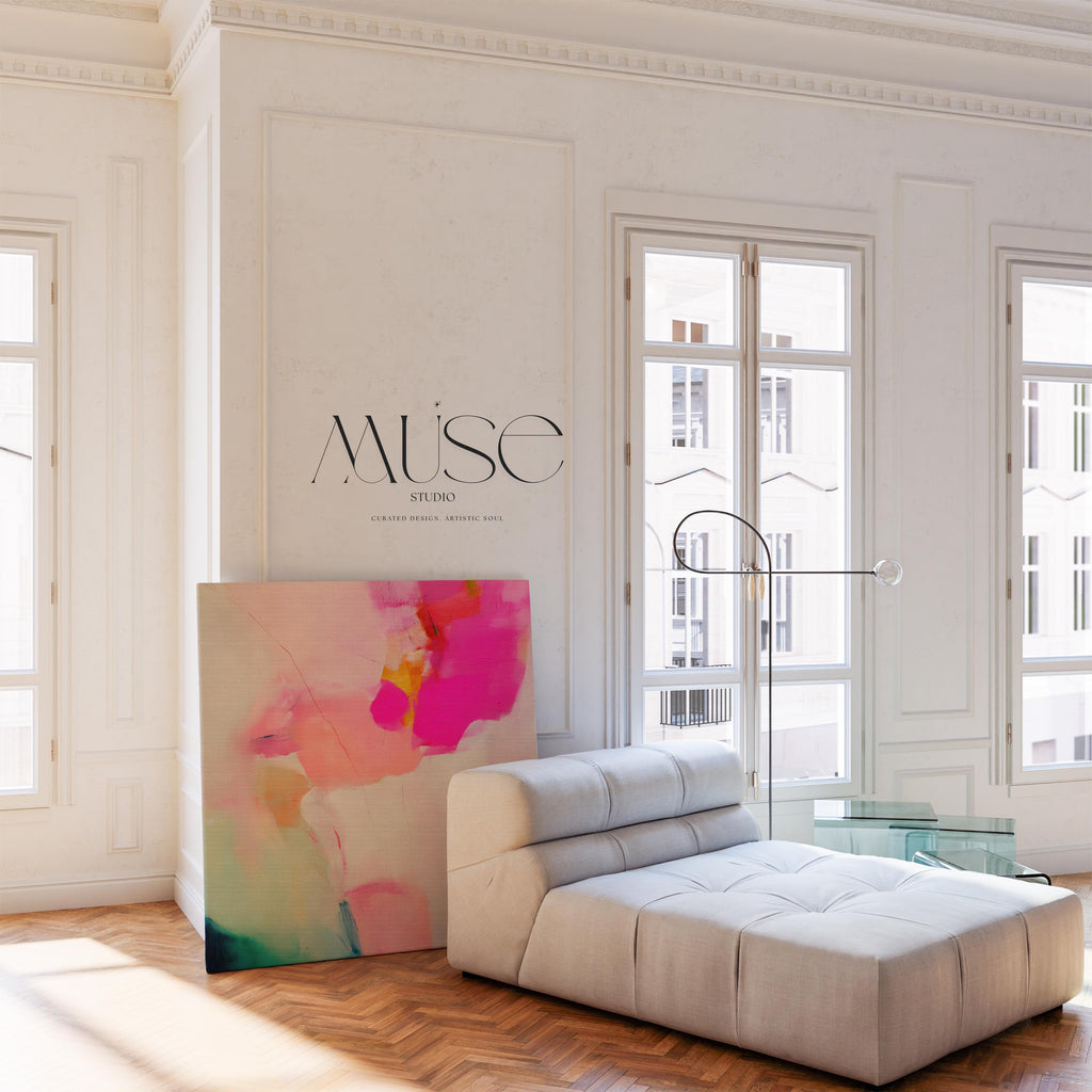Abstract large canvas wall art featuring pastel botanical tones of fuchsia pink, blush, and aqua teal. Designed as a giclée print in a square format, this piece blends pastel softness with boho decor charm. Perfect for living rooms, dining rooms, or bedrooms, it creates a vibrant yet calming focal point. Offered as a gallery-wrapped large canvas wall art giclée print in multiple sizes for curated modern interiors.
