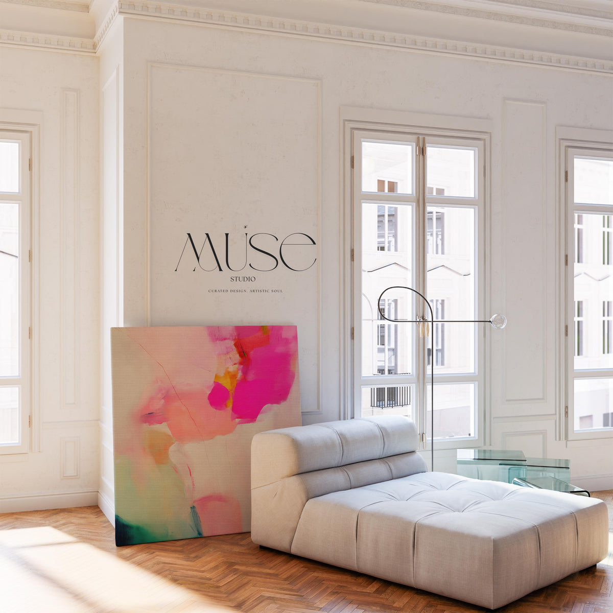 Abstract large canvas wall art featuring pastel botanical tones of fuchsia pink, blush, and aqua teal. Designed as a giclée print in a square format, this piece blends pastel softness with boho decor charm. Perfect for living rooms, dining rooms, or bedrooms, it creates a vibrant yet calming focal point. Offered as a gallery-wrapped large canvas wall art giclée print in multiple sizes for curated modern interiors.